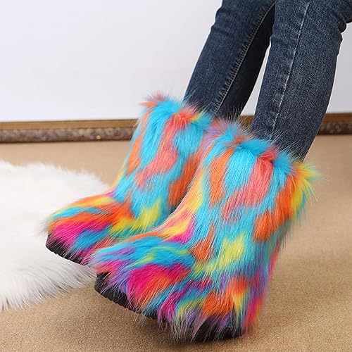 Miniatura 5 de Fluffy Furry Snow Boots, Women's Faux Fur Boot with Thermal Lining, Anti Slip Winter Mid Calf Boots with Rubber Sole, Comfortable Round Toe Sueede