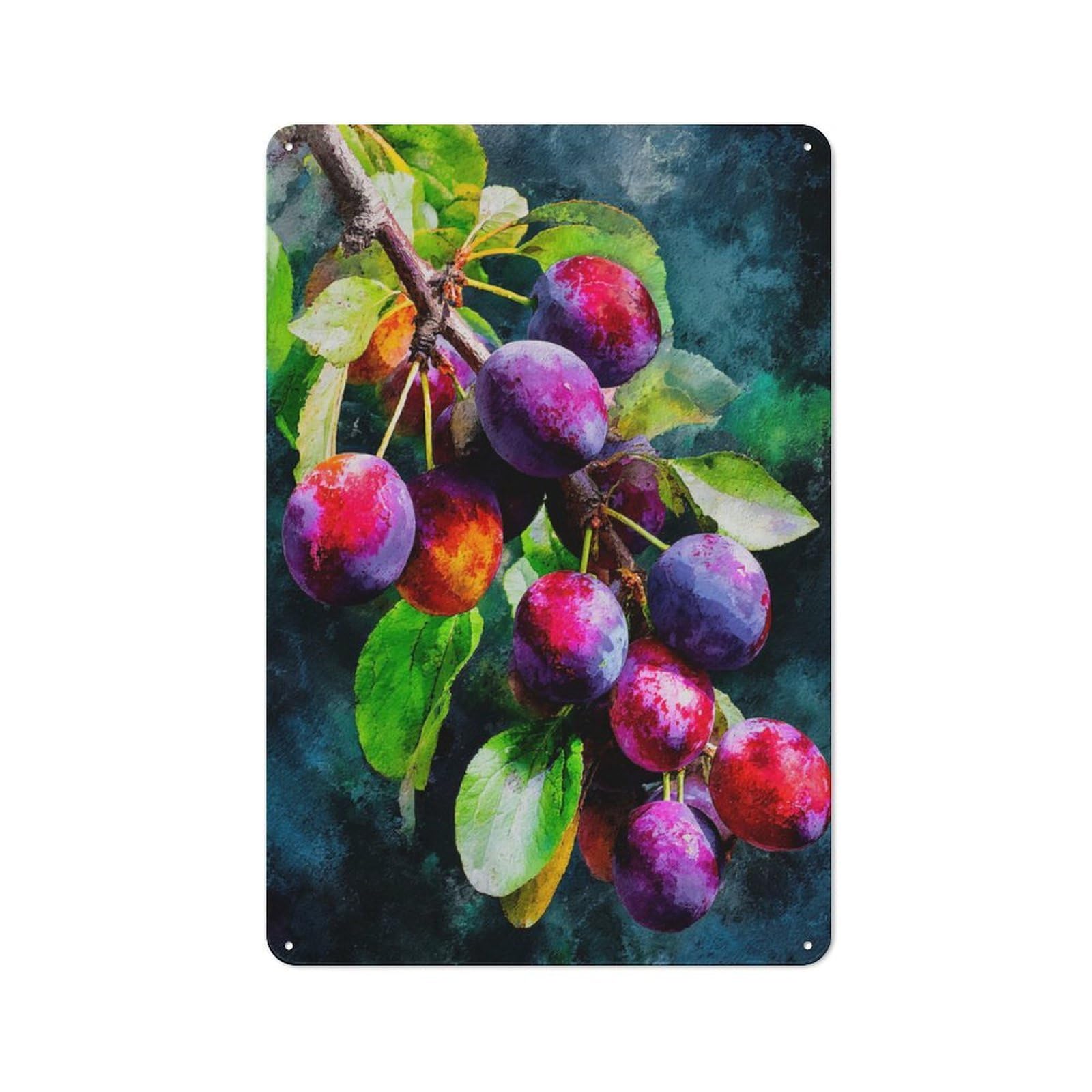 Vibrant Plums on Branch Botanical Watercolor Art Vintage Tin Sign 30x20cm for Café Or Restaurant, for Café Owners And Decorators, for Retro Home Interiors