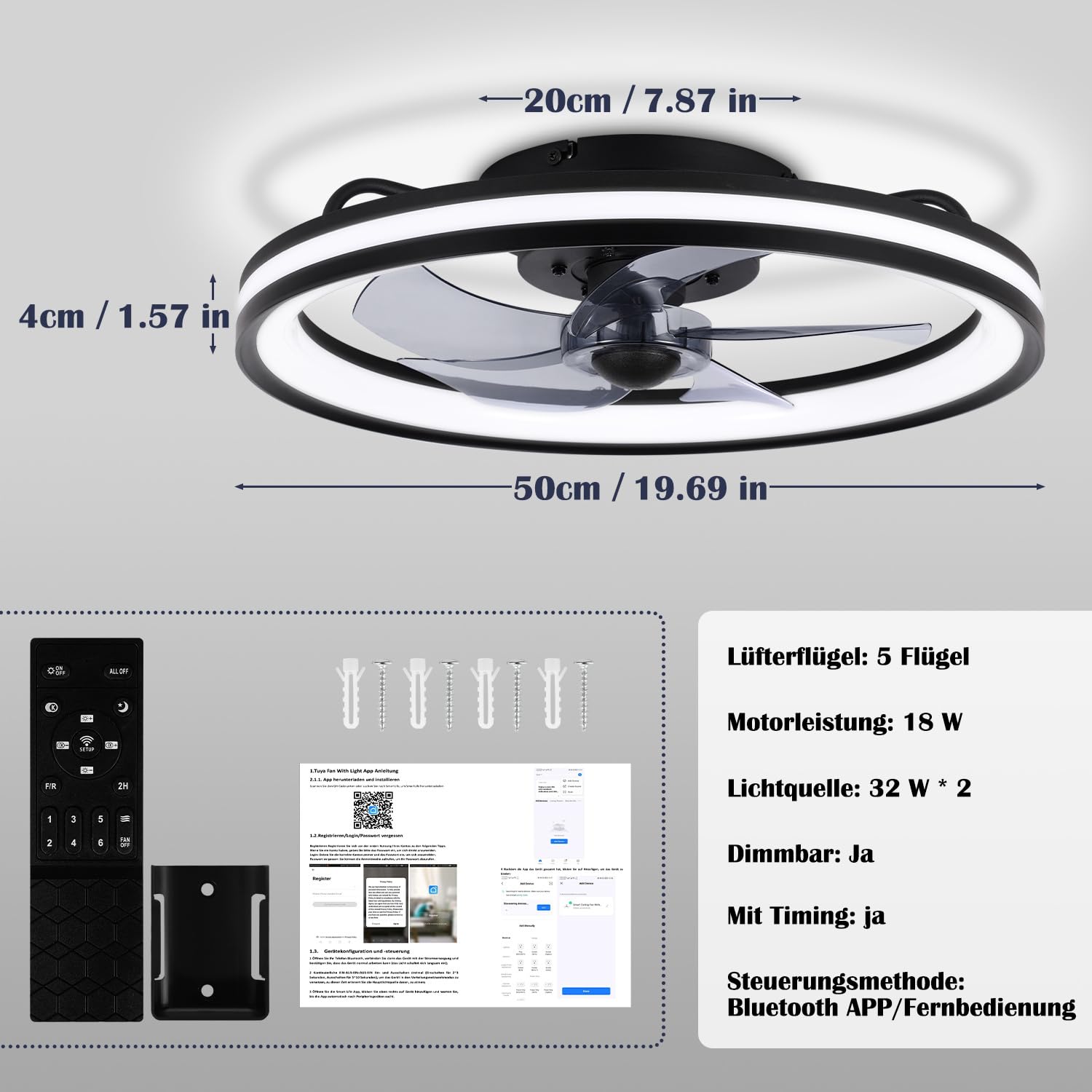 2 ventiladores de techo con iluminación y mando a distancia, diámetro de 48 cm, lámpara de techo con ventilador regulable, 3 temperaturas de color y 6 niveles, función verano/invierno, con