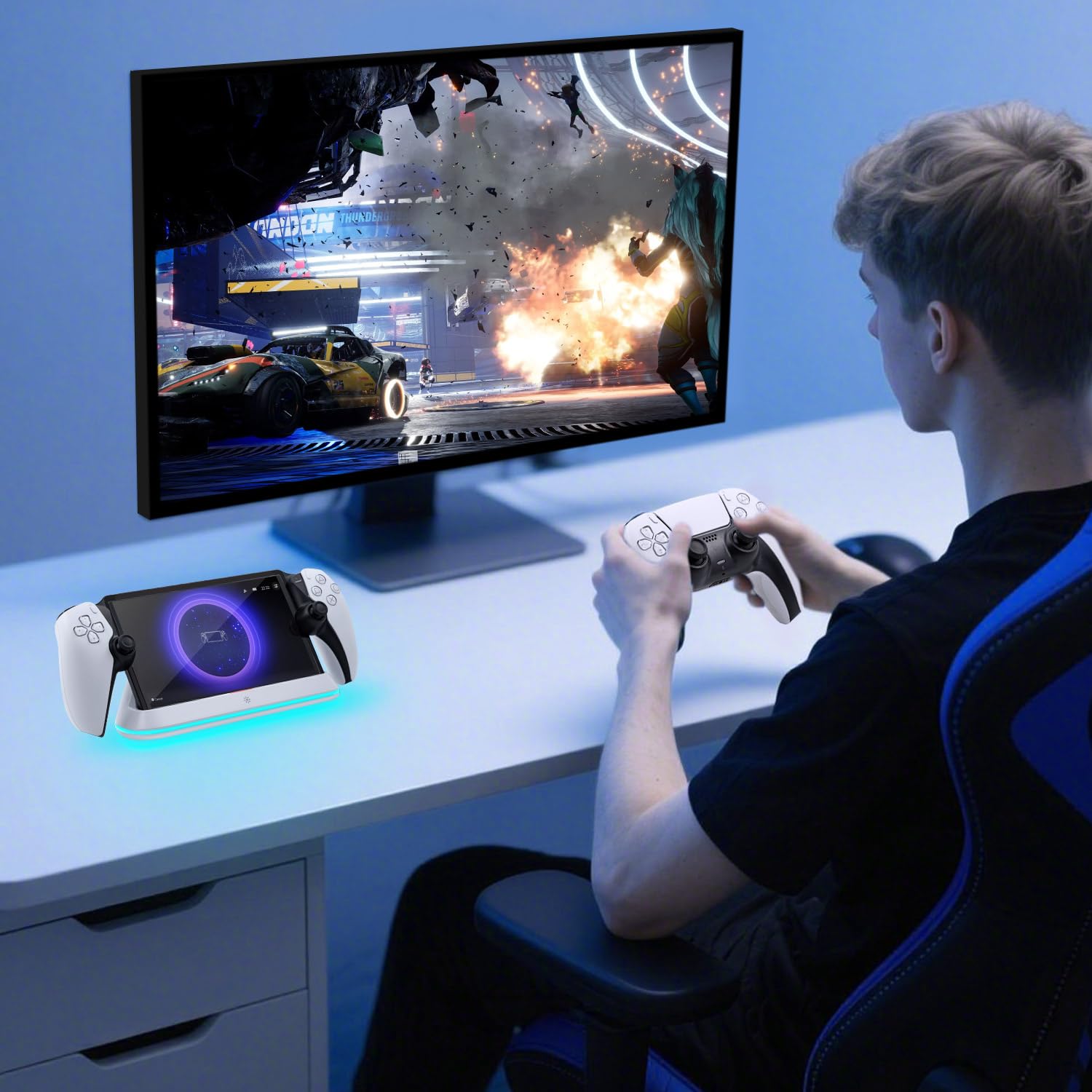 Mcbazel Base de Carga para PS Portal Remote Player, Soporte de Carga Portátil con Luces RGB, Soporte de Carga para Accesorios PS5 Portal