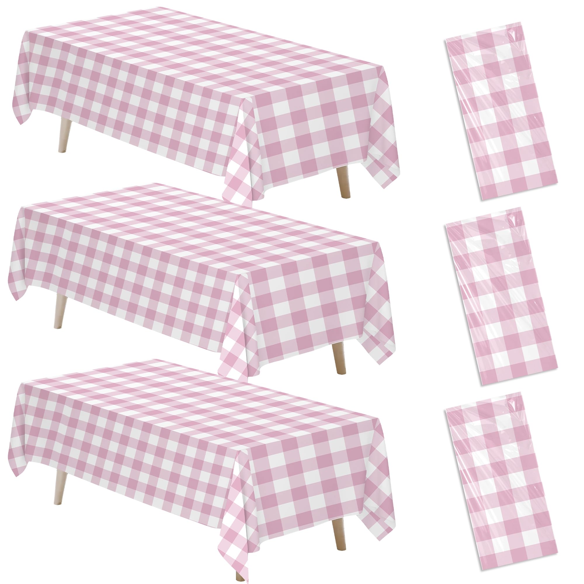 Light Pink Gingham Party Tablecloth Decorations, 3 Pack Pink Checkered Disposable Plaid Party Supplies Tablecover, for Birthday Baby Shower Bridal Wedding, 55in x 86in