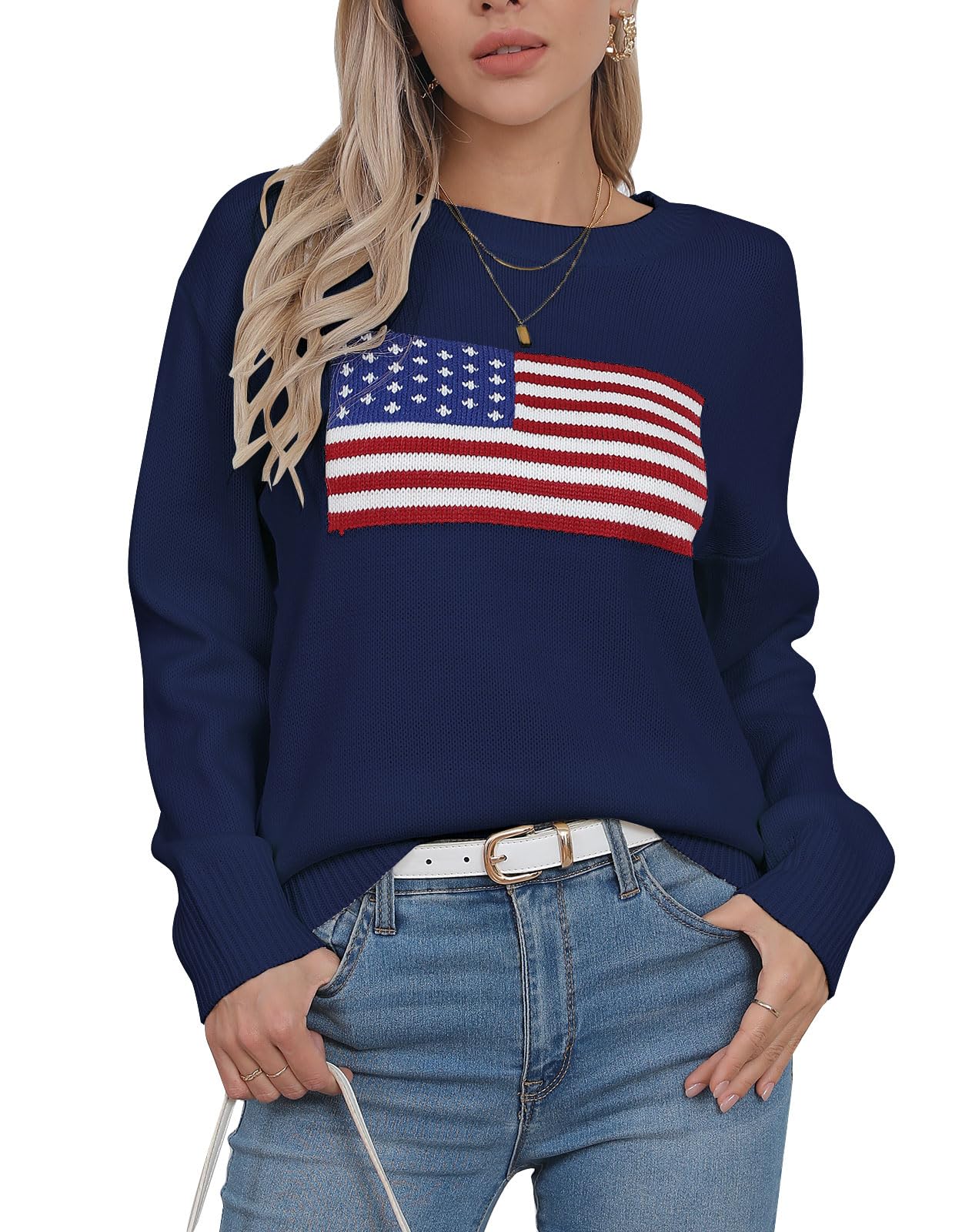 shermie Womens Long Sleeve Crew Neck Sweater Lightweight Casual American Flag Pullover Sweaters