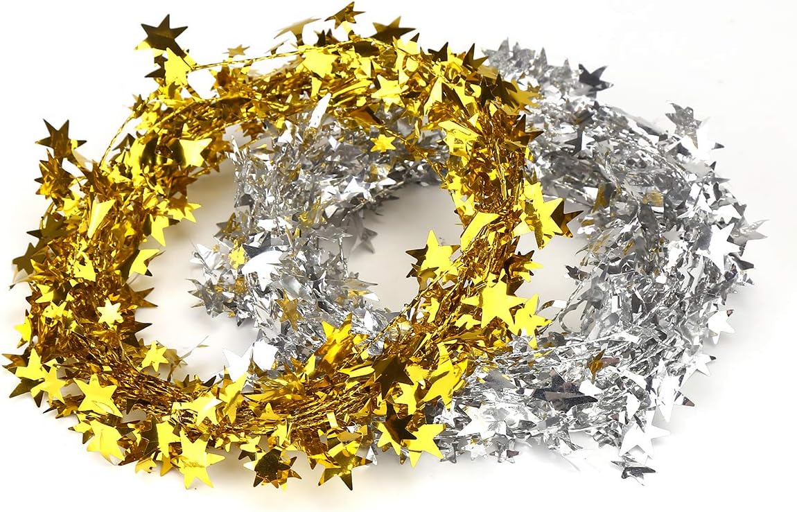 CCINEE 50FT Star Tinsel Garlands with Wire, Christmas Star