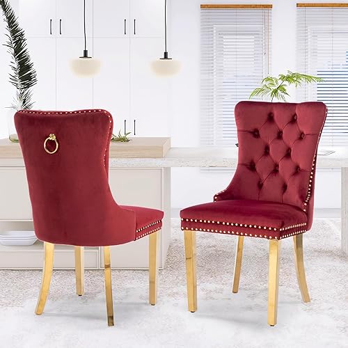Miniatura 32 de Juego de 6 sillas de comedor de terciopelo, sillas de comedor tapizadas acolchadas con ribete de tachuelas y patas de madera maciza para cocina,