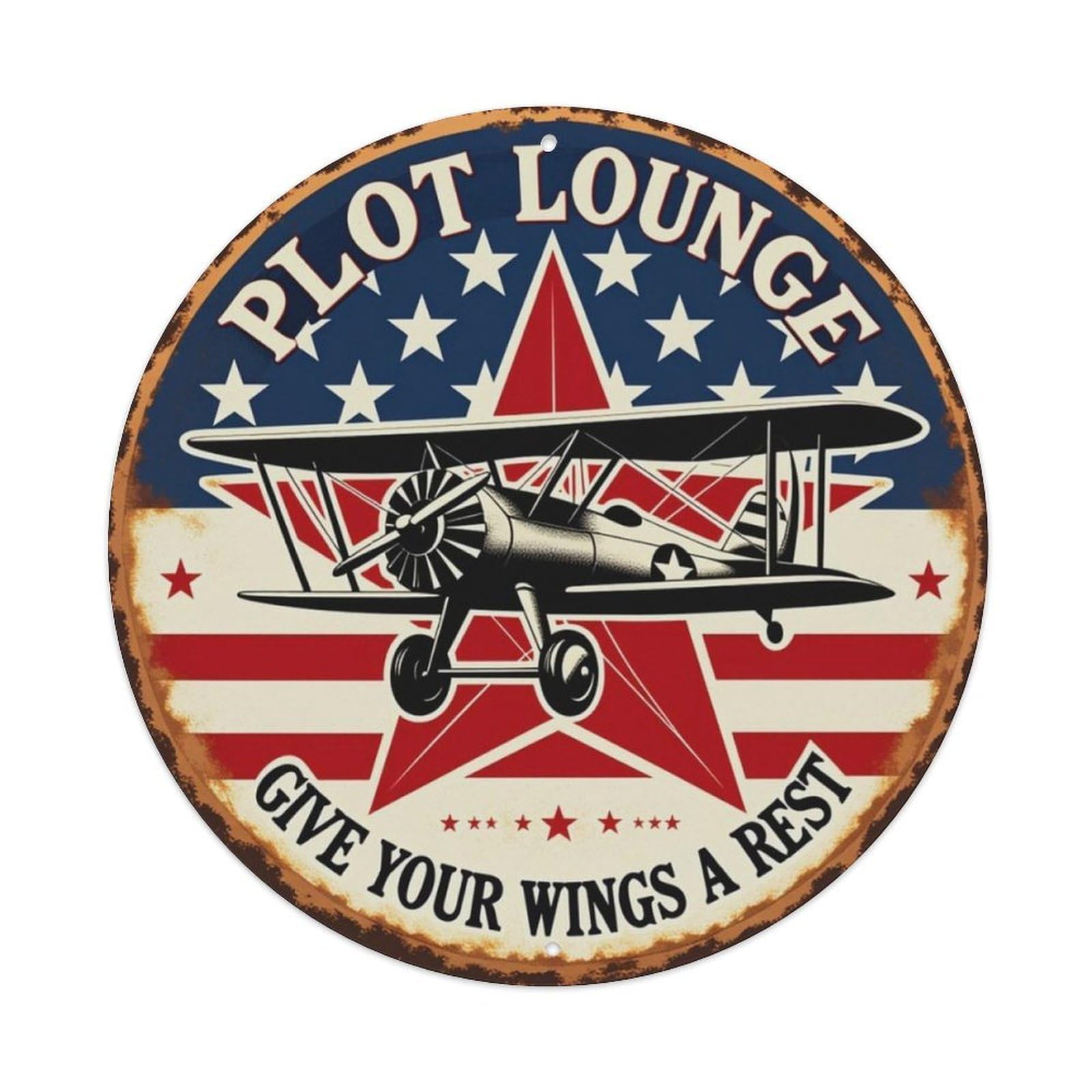 American Vintage Biplane Round Decor Sign Vintage Aluminium Metal Sign, Retro Wall Decor for Home, Bar, Garage & Farmhouse 20x20cm
