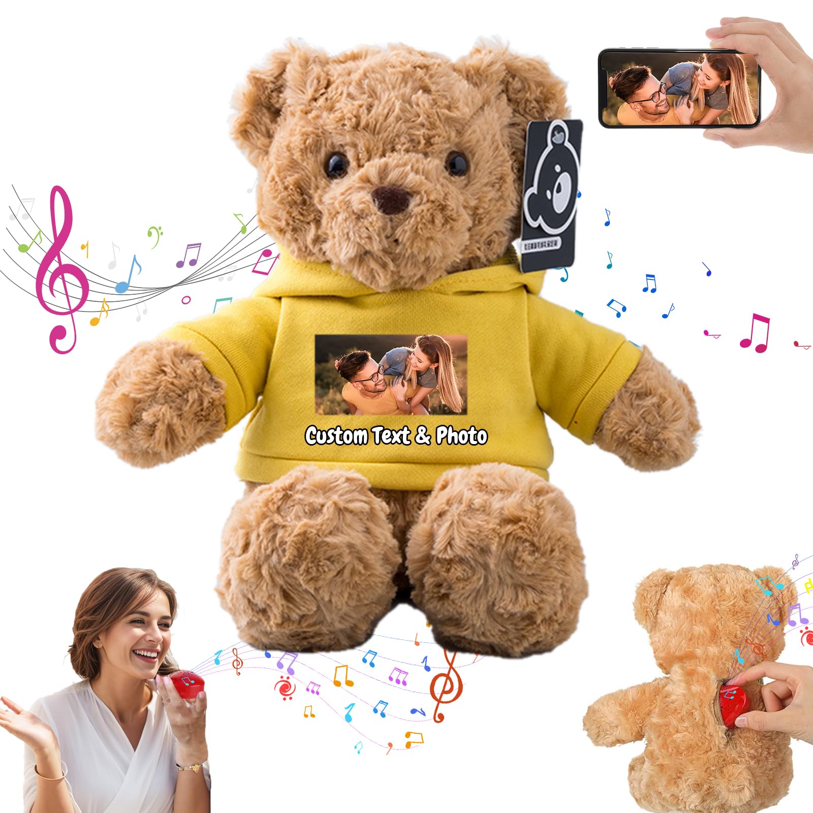 MeterBear Personalised Teddy Bear with Voice Recording for Kids Adults, Personalised Gifts Bear with Bow Plush Toys with Text+Photo as Customised Gift for Valentines Christmas (11 inch-Text+Photo)