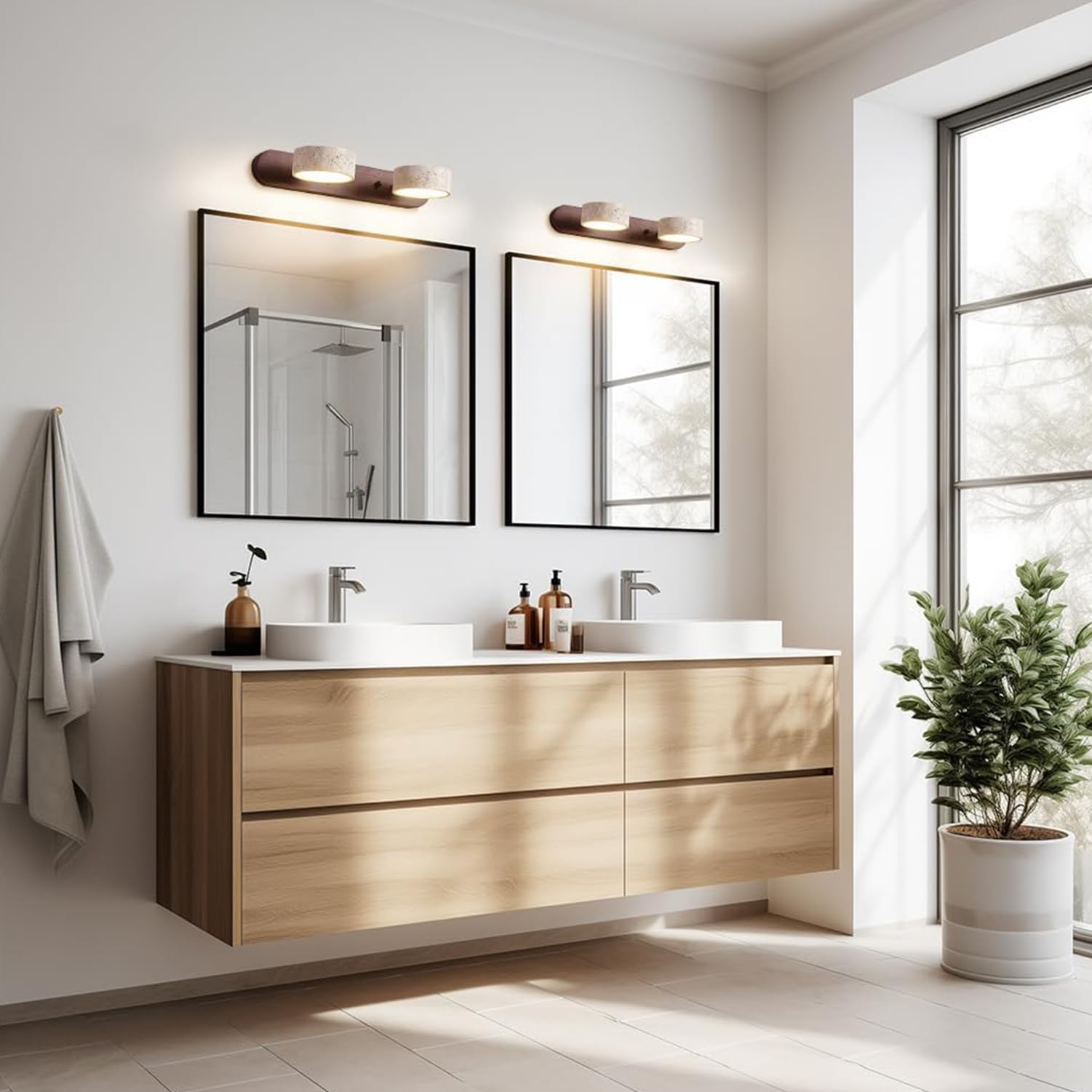 Aplique de Baño LED Giratorio 180° de Madera Natural y Travertino Amarillo - para Espejo de Vanity | 2, 3 o 4 Luces | Lámpara de Pared para Baño y Dormitorio (Madera de nogal, A32cm)