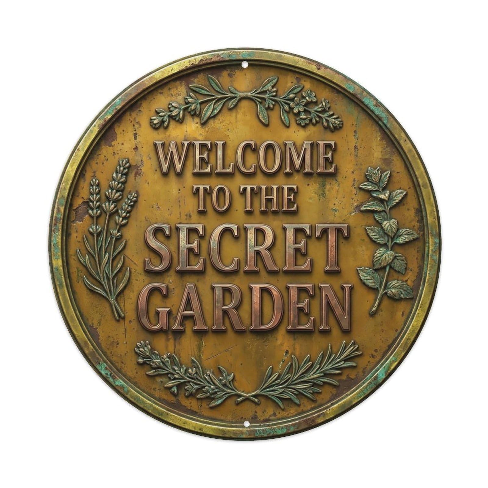Vintage Welcome Secret Garden Brass Ochre Botanical Metal Tin Sign
