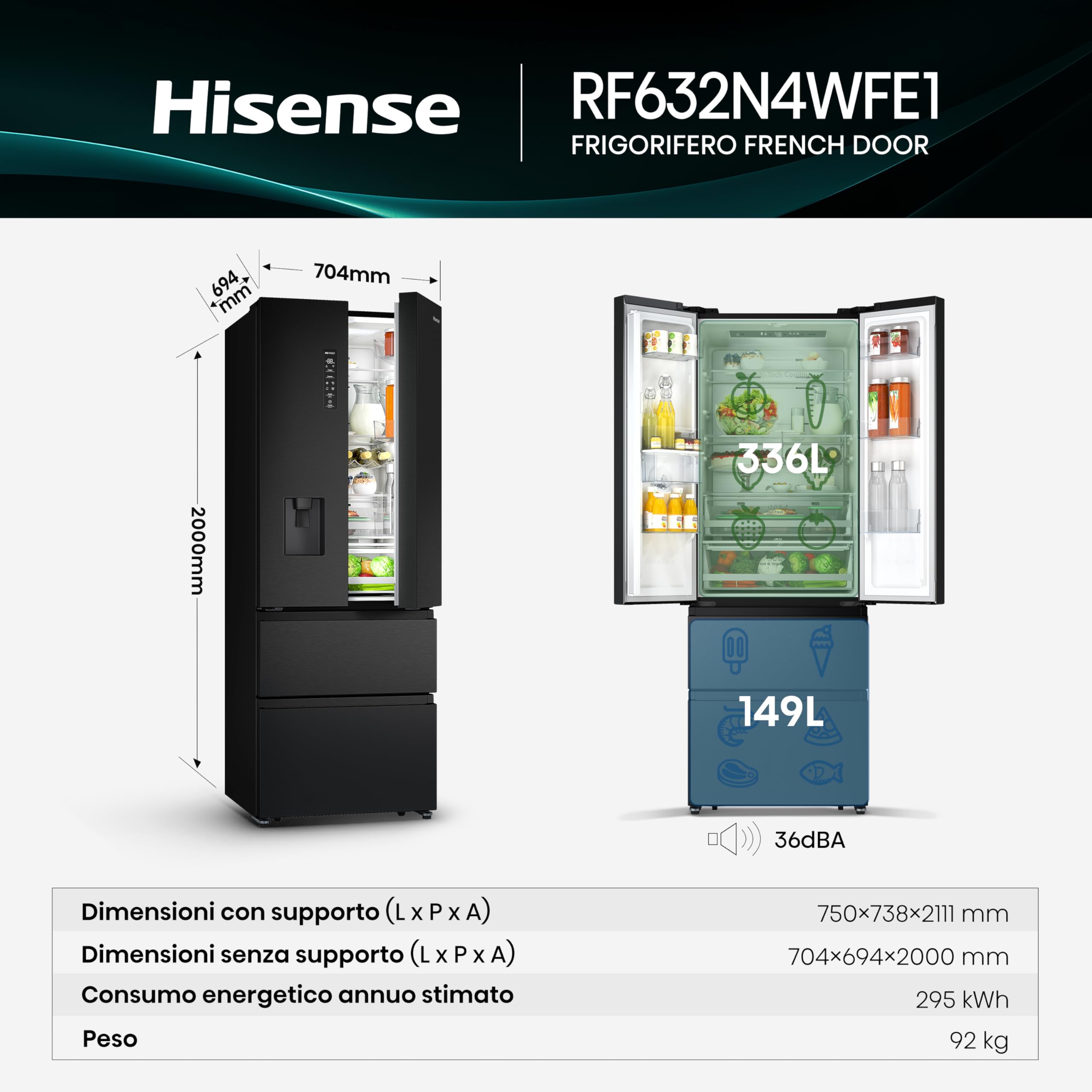 Hisense RF632N4WFE1 Frigorifero French Door, 485 Litri, Ridotta Profondità 70 Cm, Black, Metal cooling, Total No Frost, Classe Energetica E