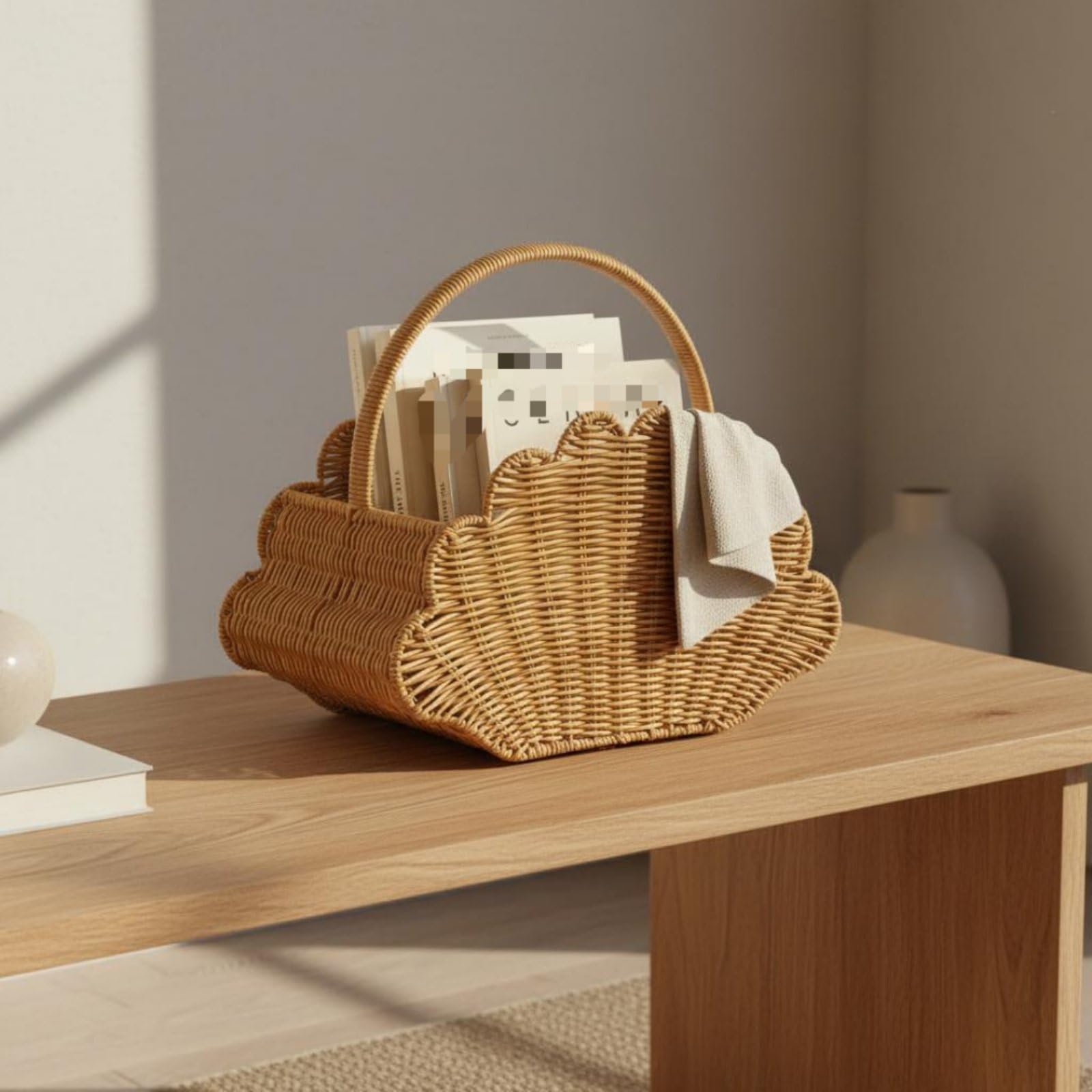 Cesto Portatile Intrecciato Cesta Organizzazione Contenitore Vimini Portariviste Imitazione Rattan con Manico Solido Adatto per Picnic Soggiorno Cucina Camera dei Bambini Ufficio
