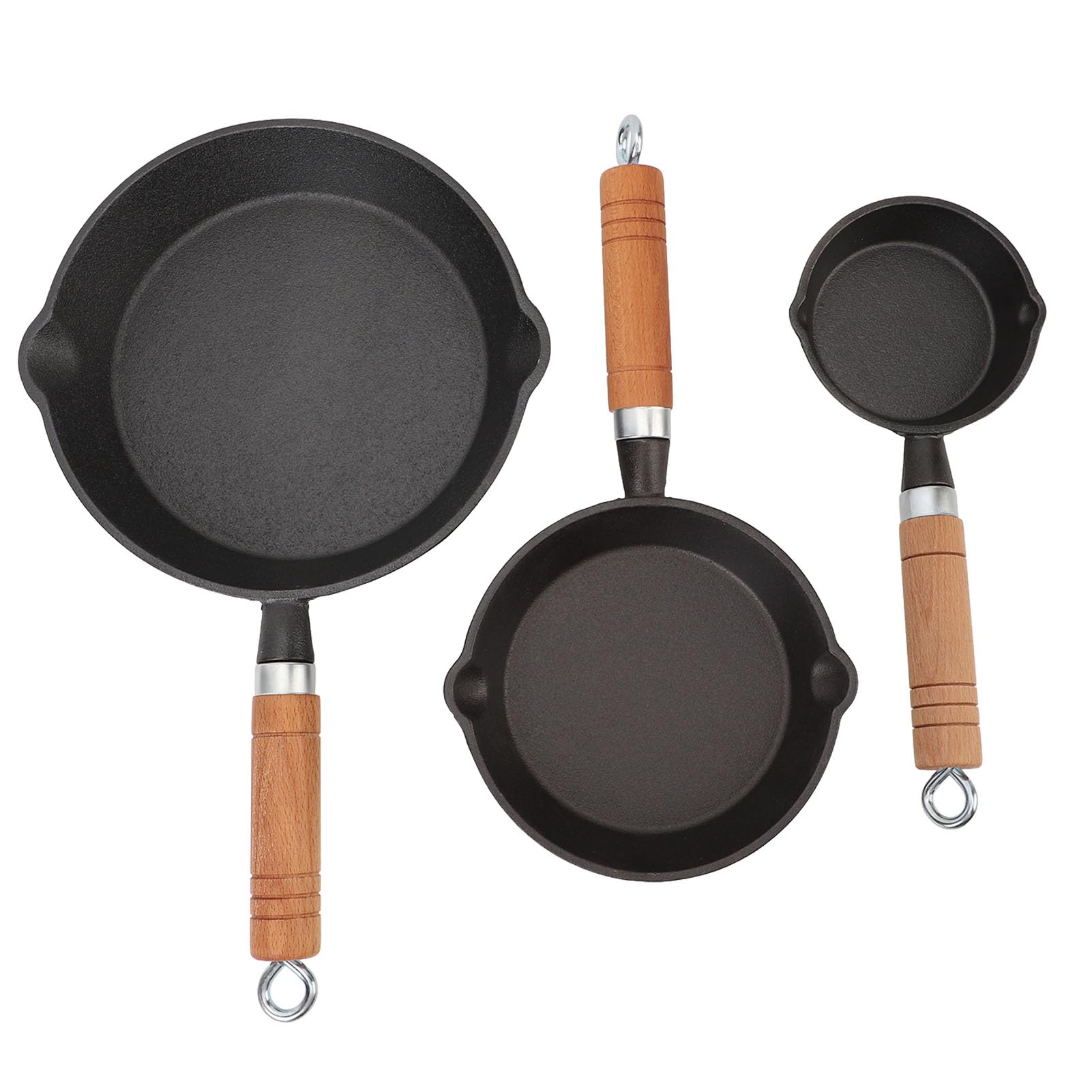 EMUKOEP Mini-Pfannenset aus Gusseisen, Vorgebrannte, Antihaftbeschichtete Bratpfanne Zum Kochen mit Induktion, Lagerfeuer, Grill und mehr. 3-teiliges Pfannenset aus Gusseisen mit Holzgriff
