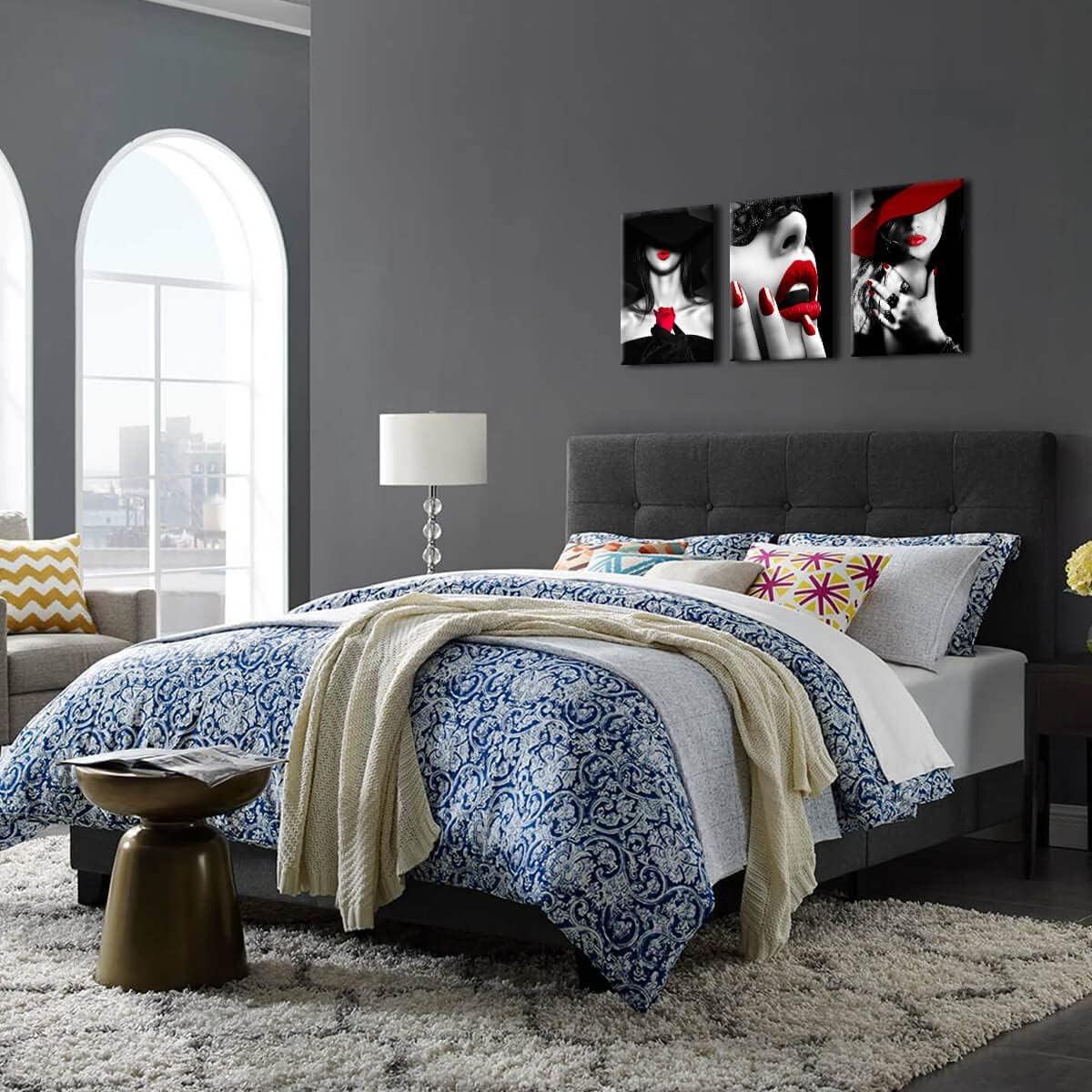 Bedroom Decor for Women Red Lips Black and White Bathroom decor wall art Red Rose Fashion Room Decor Office Modern Art Wall Decor 3 Pieces Canvas Wall Art for Kitchen Home Decorations 16x24inchx3pcs