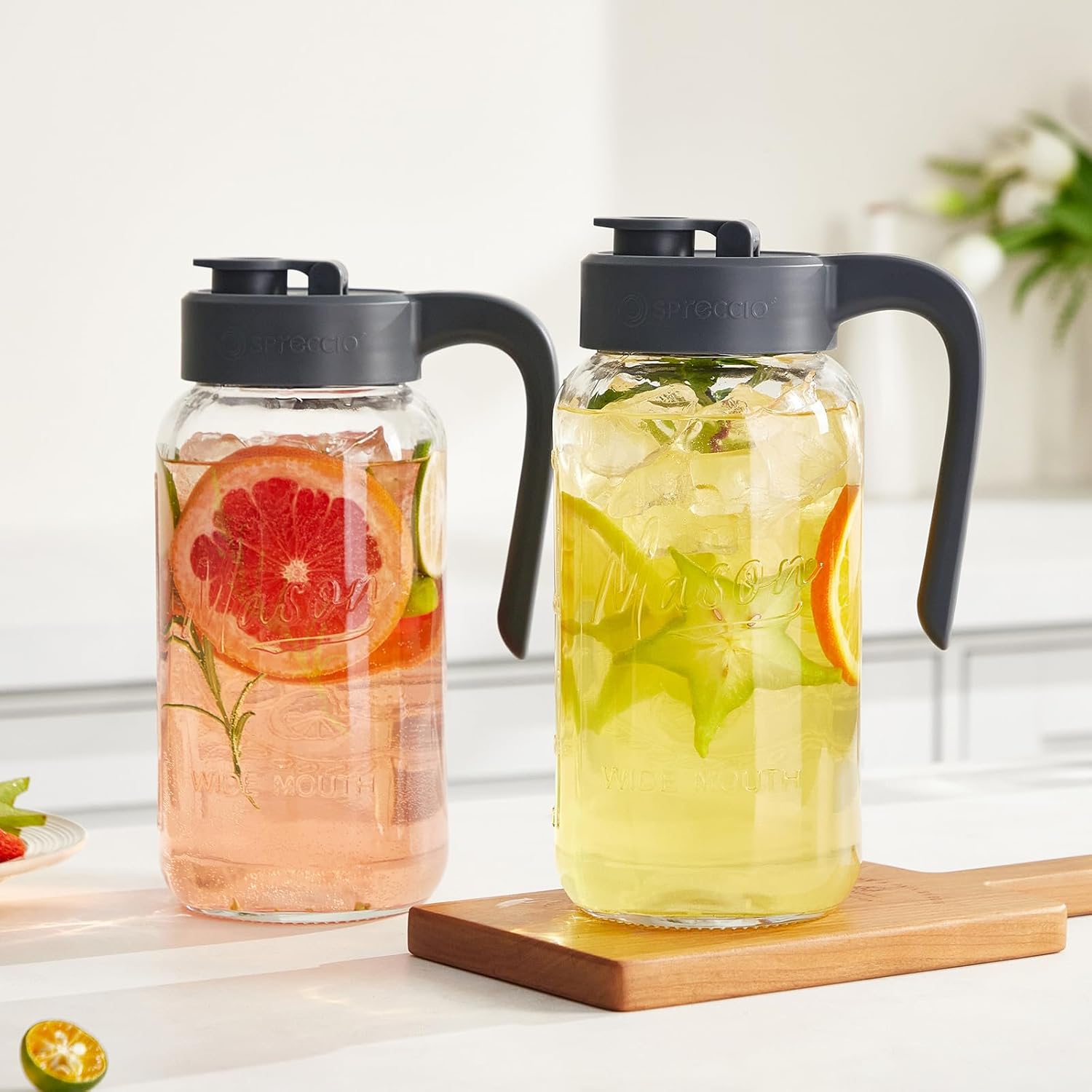 64 oz Mason Jar Pitcher with Lid - Wide Mouth, 2 Quart Glass Water Pitcher with Lid - Heavy Duty, Leak Proof - Sun & Iced Tea, Cold Brew Coffee, Lemonade, Breast Milk Storage