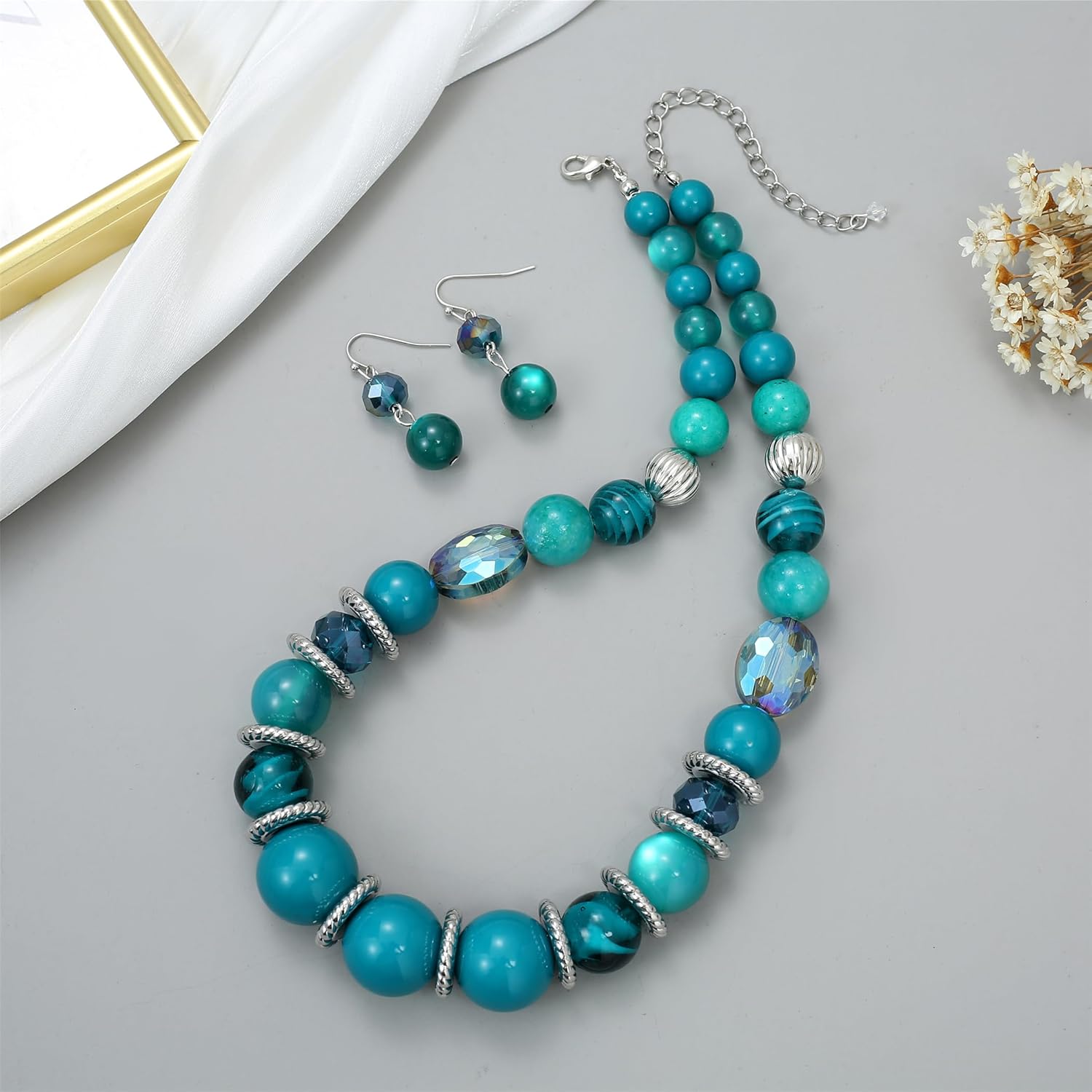 Large Beaded Chunky Statement Necklaces Earrings Set Big Multicolor Crystal Round Stone Strand Choker Necklace Silver Fashion Costume Jewelry Set Gifts for Women - Image 2