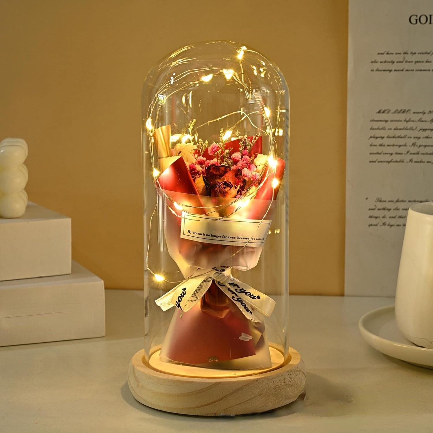 Immortal Dried Flowers Glowing Rose Glass lid Mother's Day Bouquet Decoration Gift Box Birthday Gift RoseSeries