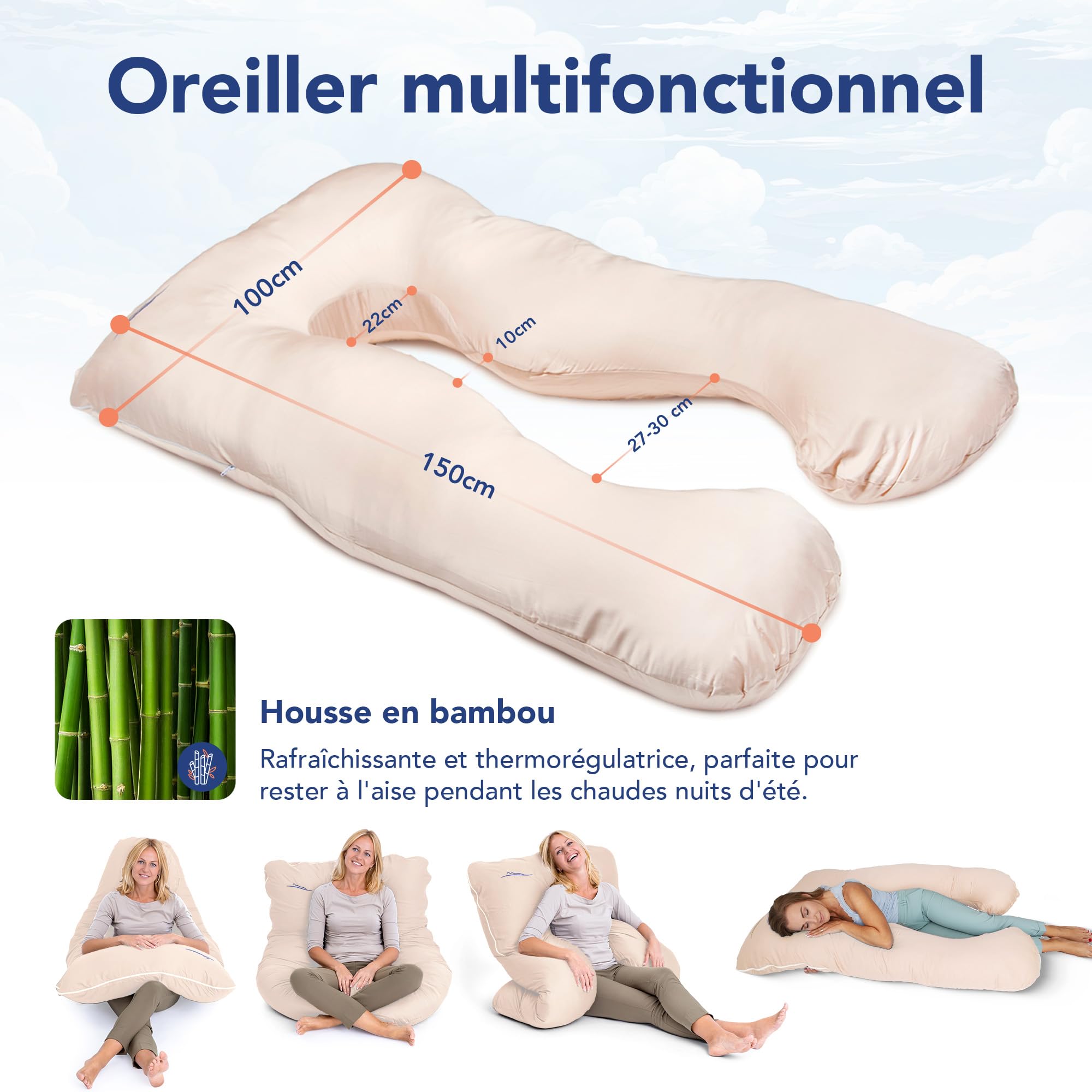 MKS Coussin de Grossesse pour Dormir 100x150 cm – Oreiller de Grossesse Ergonomique en U – Grand Support d’Allaitement – Accessoire maternité Lavable en Bambou Doux – (Bambou/Beige)