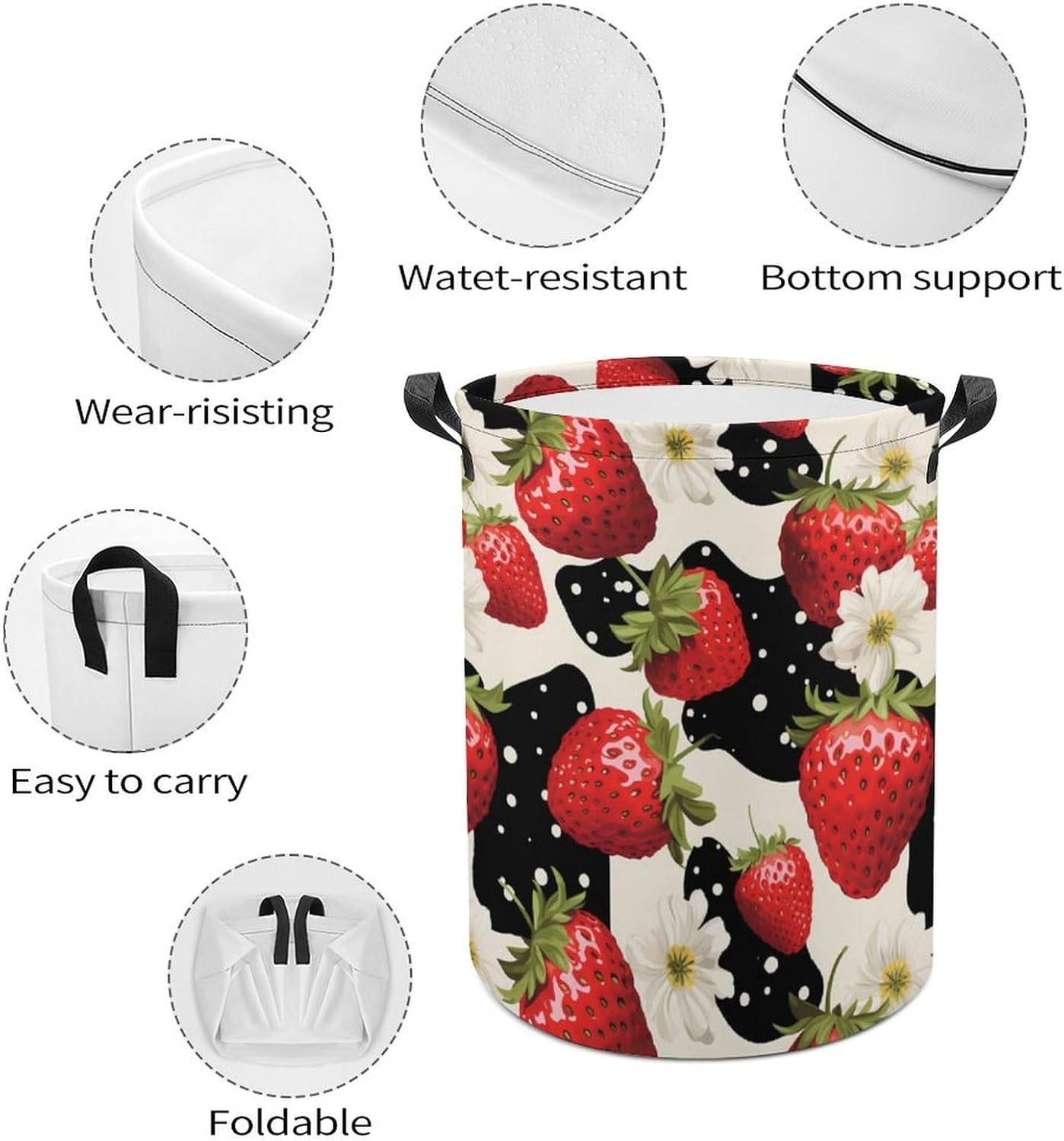 Cow Skin Print Strawberry Novelty Collapsible Laundry Baskets Waterproof Clothes Hamper Storage Bins with Handles 13.8"x13.8"x17.3" 17.3"x17.3"x17.3"
