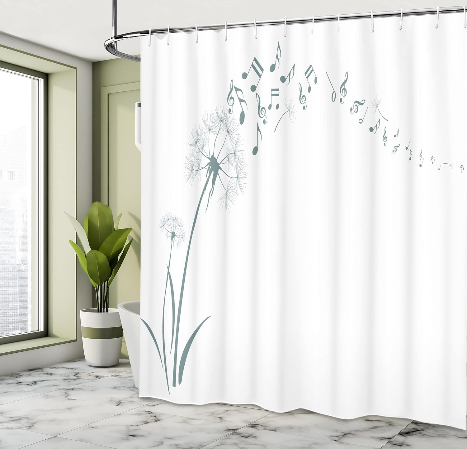 Ambesonne Music Shower Curtain, Flying Dandelions Notes Summer Spring Meadow Silhouette Softness Simple Print, Cloth Fabric Bathroom Decor Set with Hooks, 69" W x 75" L, Cadet Blue