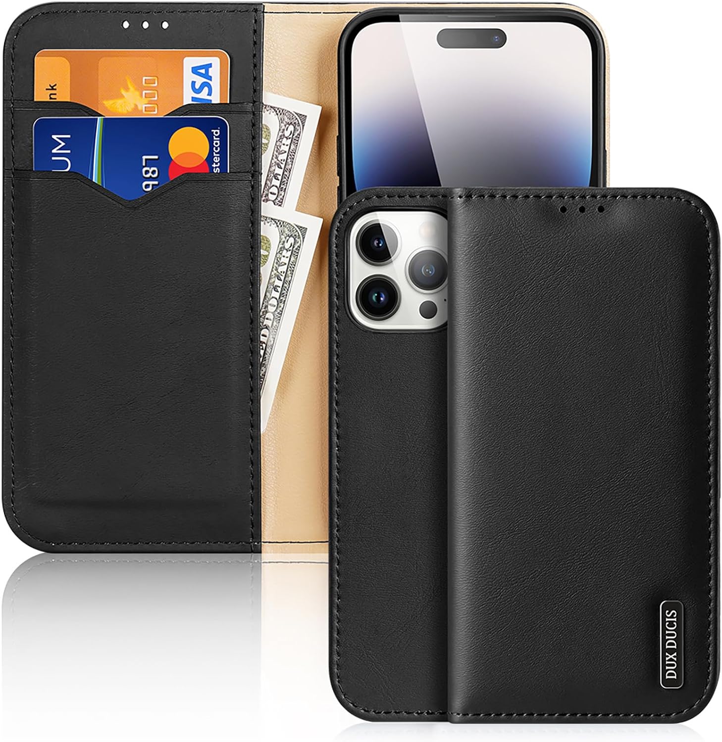 Wallet Case for iPhone 15 Pro Max/15 Pro/15 Plus/15, Handmade 100% Cowhide Leather Magnetic Flip Protective Cover with RFID Protection Card Slots & Stand Function