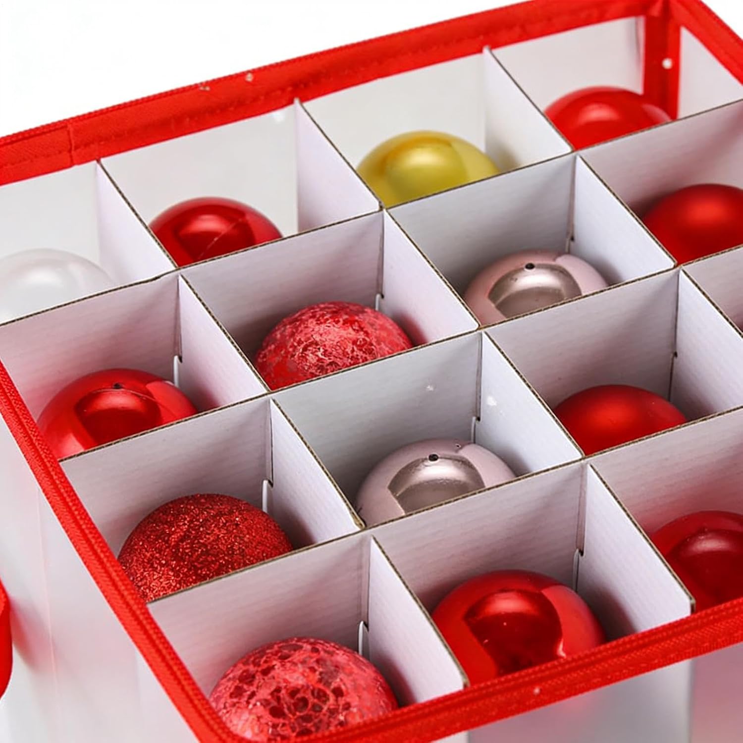 Christmas Ornament Storage Containers - Holds 64 Balls Waterproof Container | Double Zipper Ornament Box with Dividers and Handles - for Holiday Decor Attic Basement