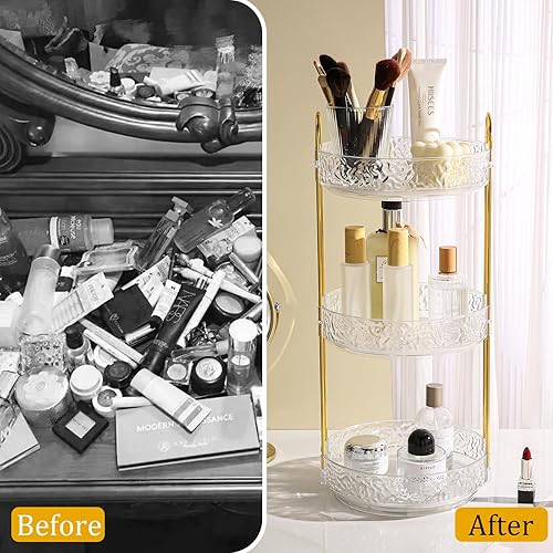 Miniatura 4 de Fangoo Organizador de maquillaje giratorio transparente de 3 niveles para tocador, organizador de cuidado de la piel giratorio de 360 para tocador,