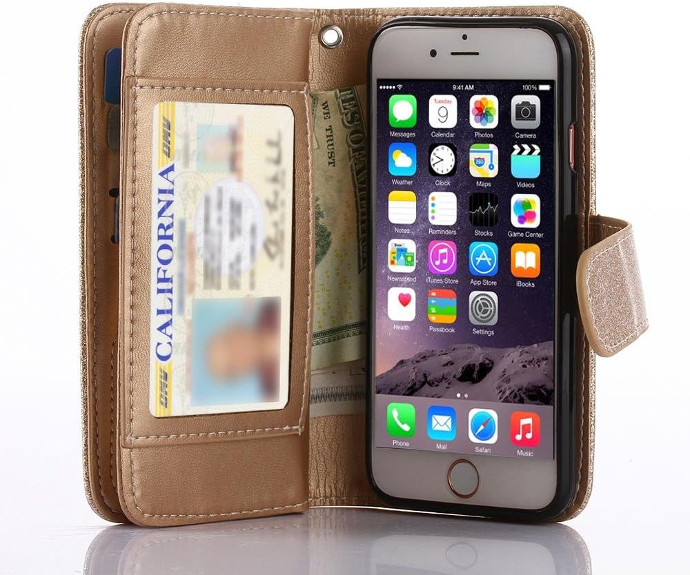 TabPow iPhone 6S Case, iPhone 6 Case, 10 Card Slot - [ID Slot] Wallet Folio PU Leather Case Cover with Detachable Magnetic Hard Case for iPhone 6S/6 (4.7 Inch) - Glitter Gold