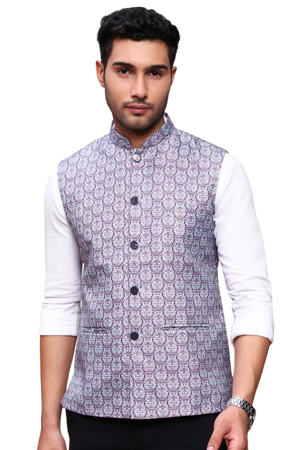 SHOWOFF Men's Printed Purple Slim Fit Nehru Jacket-AD-J-665_Purple-image-33