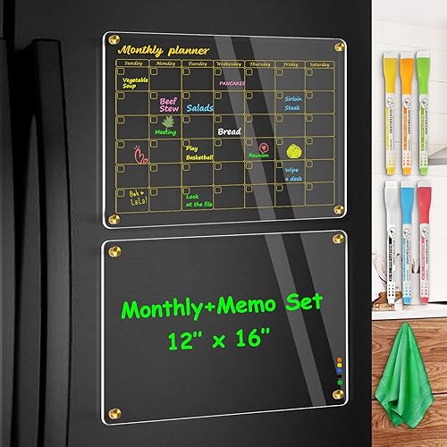 WALGLASS Calendario acrílico para nevera, 12 x 16 pulgadas, pizarra magnética magnética de acrílico transparente dorado para refrigerador, juego de