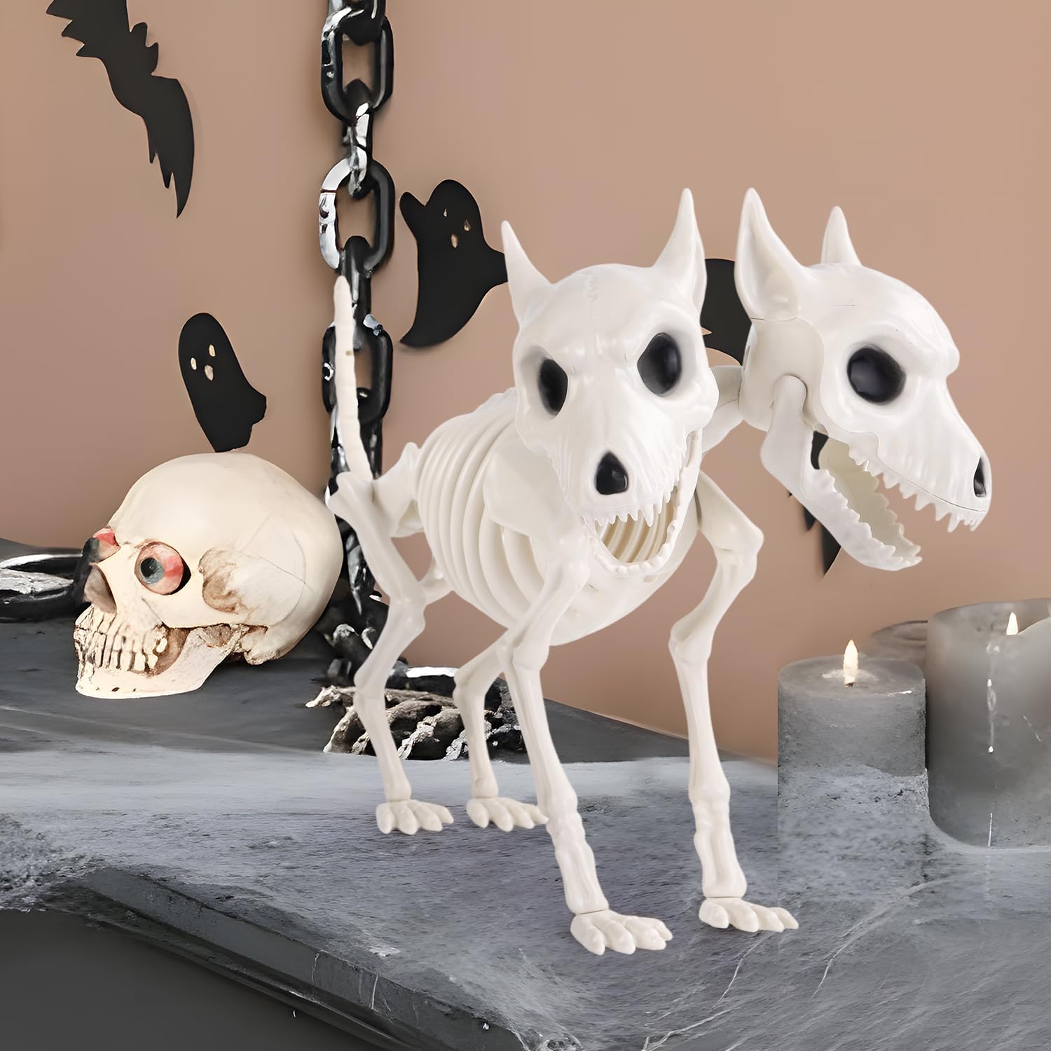 JOICEE 12’’ Halloween Dog Skeleton, Two-Headed Spooky Realistic Halloween Puppy Dog Skeleton Statue Prop for Scary Props Party Decoration