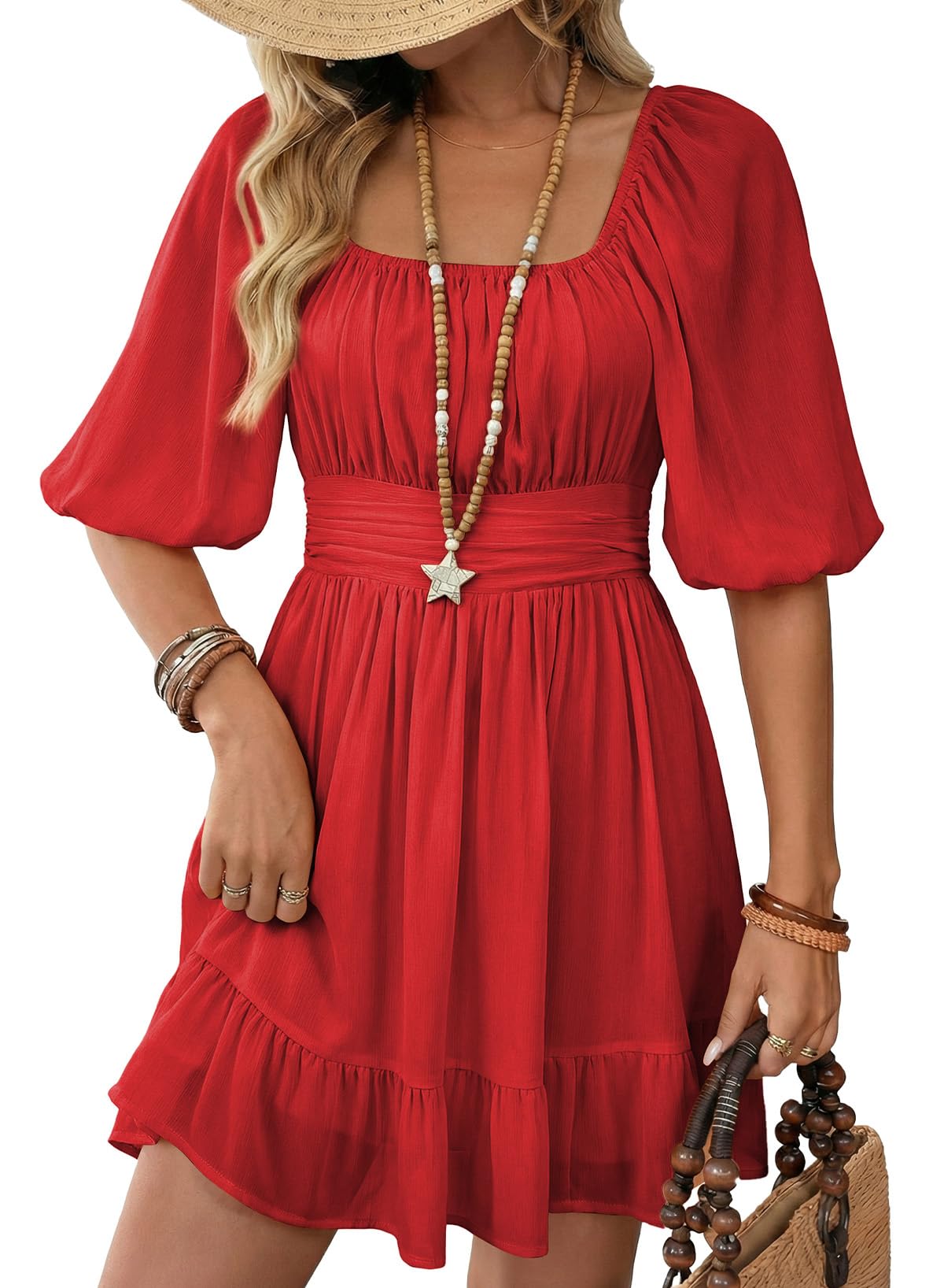 Dokotoo Womens Summer Dresses Square Neck Tie Back Lantern Sleeve Ruffle A-Line Casual Dress
