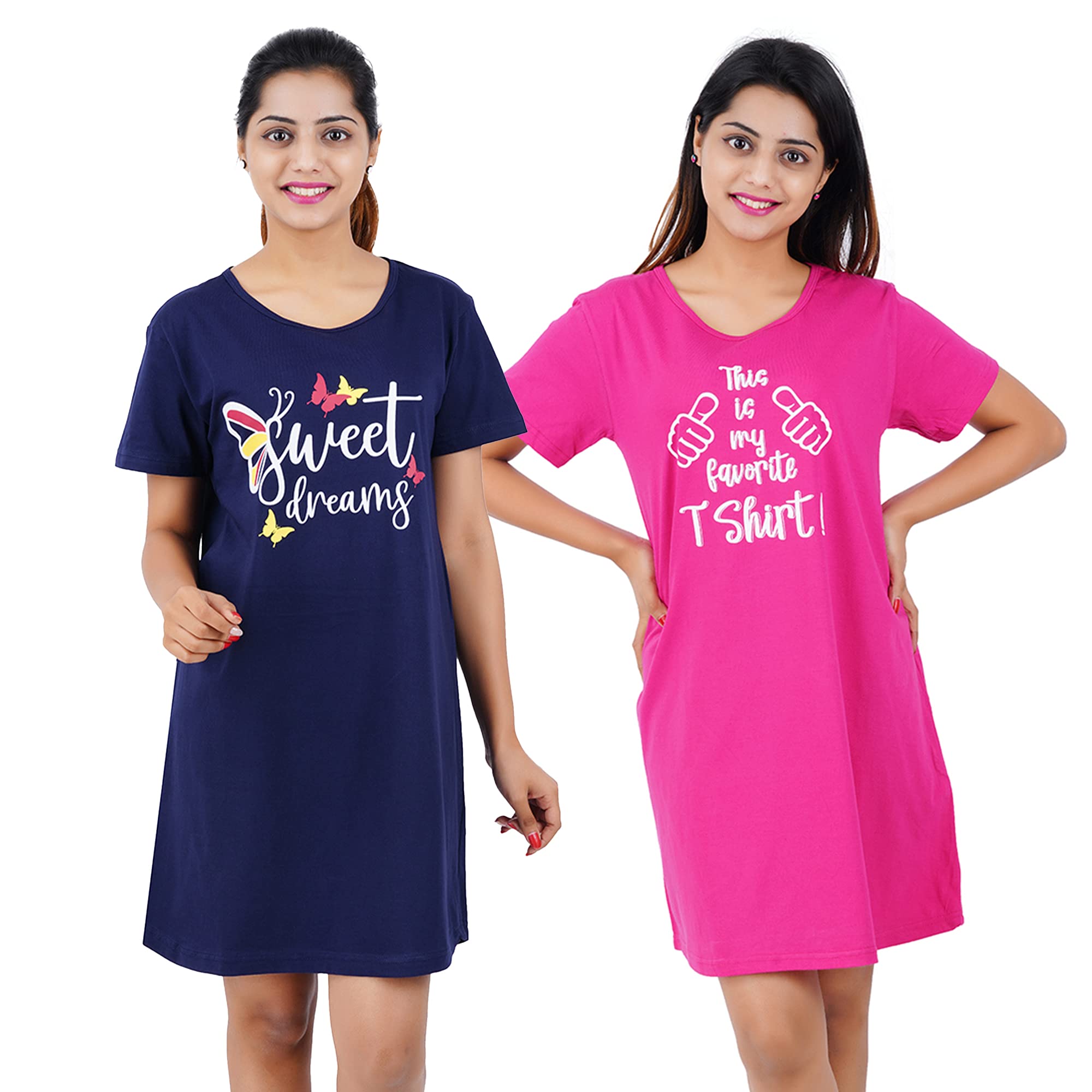 Buy That Trendz Printed Cotton Short Night Dress for Women 2 Pcs Combo Sweet Dreams Navy This is My Favorite T-Shirt Rani Pink