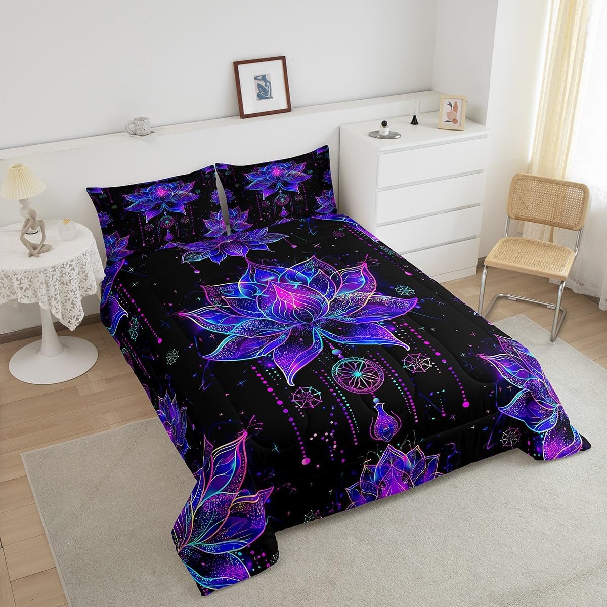 Erosebridal Lotus Queen Comforter Set Dreamy Mandala Bedding Set,Boho Floral Quilt Exotic Tribal Damask Flowers Duvet Insert,Artsy Nordic Psychedelic Bohemian Decor,Teal Purple