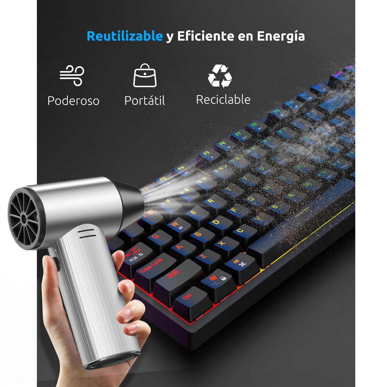 Soplador de Aire Comprimido de Metal, 270000 TR/Min de Pulverización de Aire Comprimido con 3 Velocidades ajustables, Aire Comprimido Limpieza PC, Soplador Batería para Coche, Hogar y Exterior - Plata