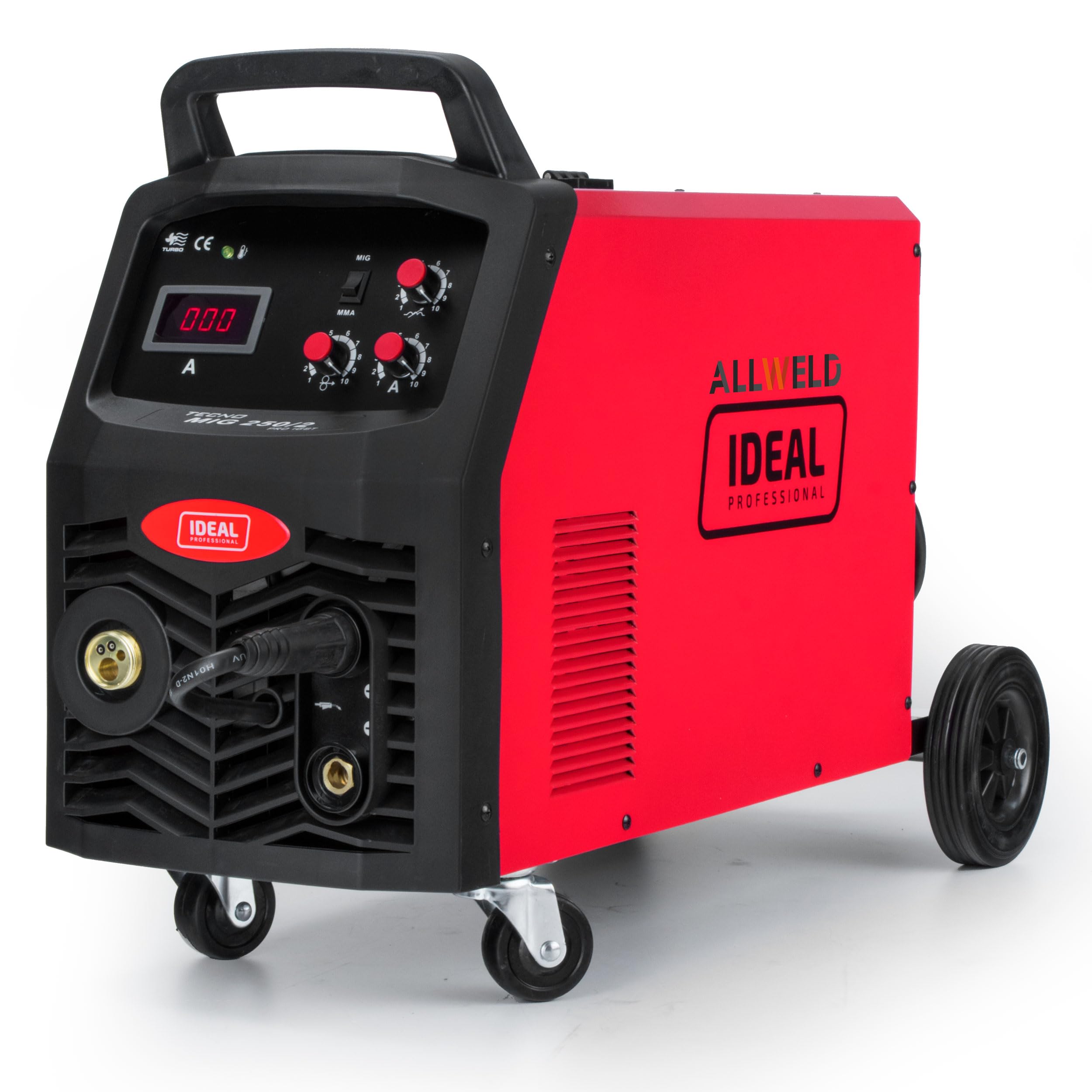 Ideal Tecno MIG 250/2 Spawarka MIG z wielofunkcyjnym i wytrzymałym gazem 250 A 230 V 400 V z wózkiem - gaz obojętny, drut rdzeniowy, MMA i spawanie - szpula drutu 15kg