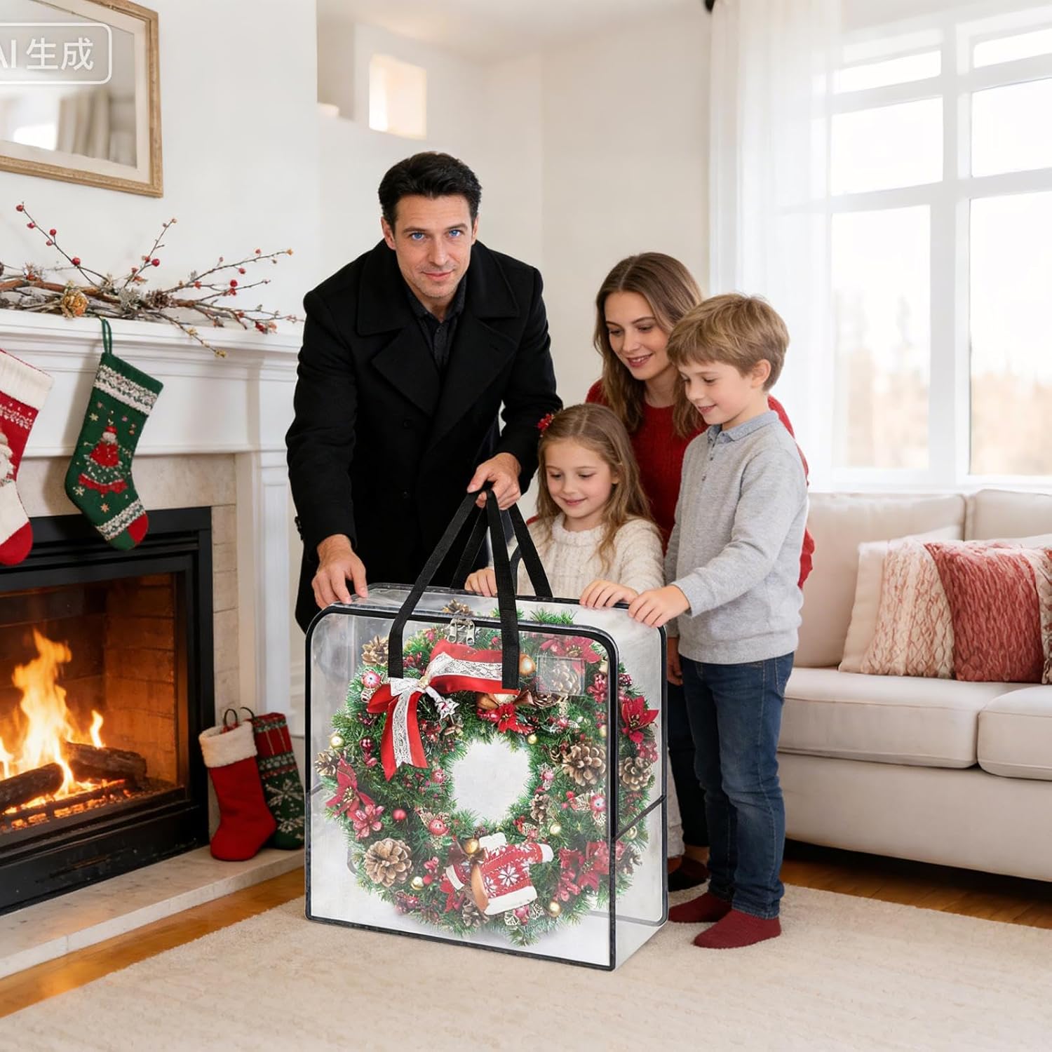 Wreath Storage | Clear Decorative Garland Organizer with Handle,Christmas Artificial Wreaths Box Container | for Home Garage Outdoor Thanksgiving Easter