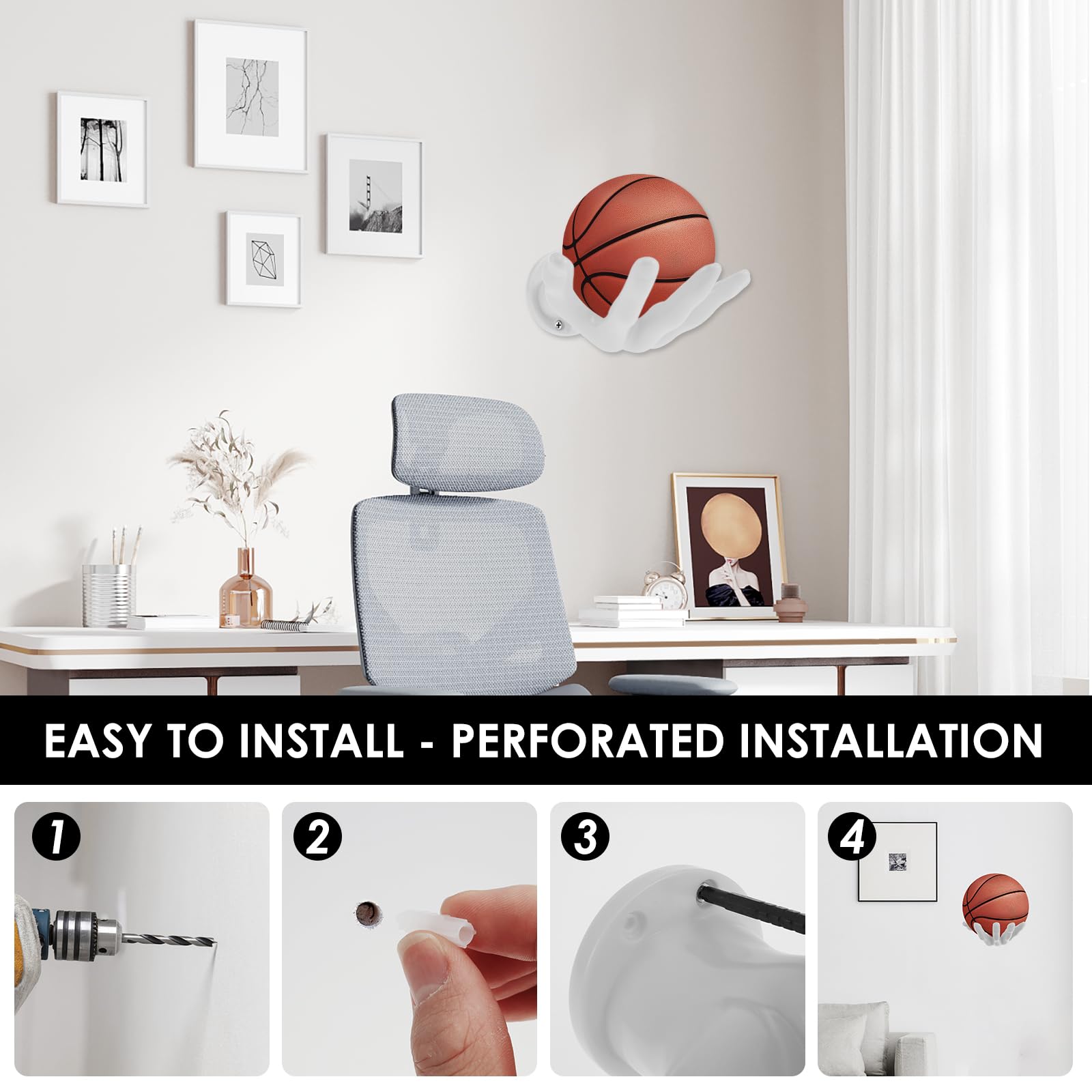 Support mural pour ballon de basketball, support en forme de main noir, support pour ballon économisant l'espace, support mural pour ballon de basketball en forme de main, pour ballons de sport