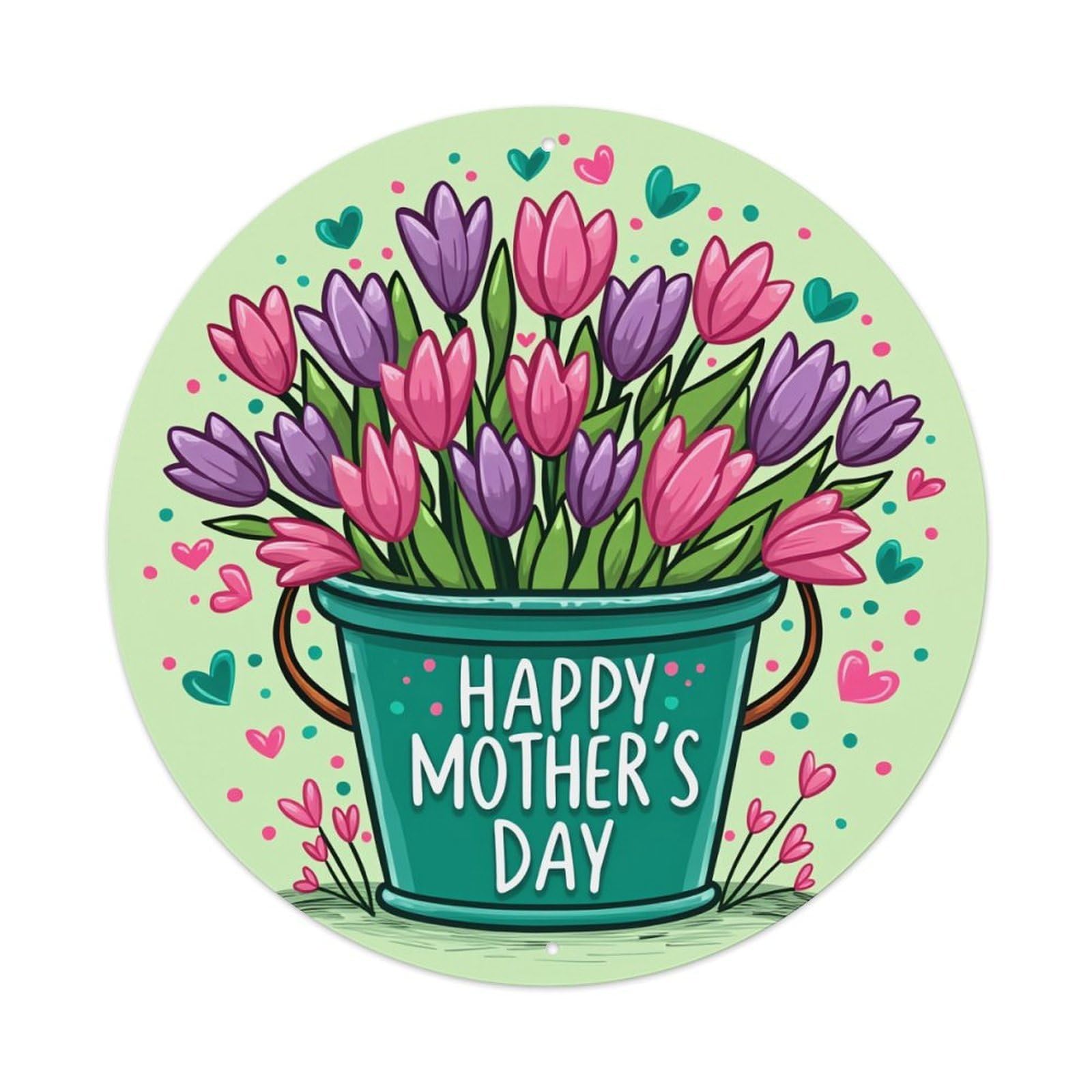 Flowers In Bucket With Hearts Round Tin Sign Retro Metal Sign for Cafe Bar Pub Home Game Room Gym Club Wall Decoration Vintage Metal Poster 8x8 Inch