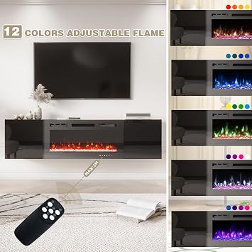 EROMMY 70'' Wall Mounted Floating TV Stand with 36'' Electric Fireplace, High Gloss Entertainment Center with Storage, 12 Flame Color Heater for TVs Up to 80'', All Black TV Console for Living Room