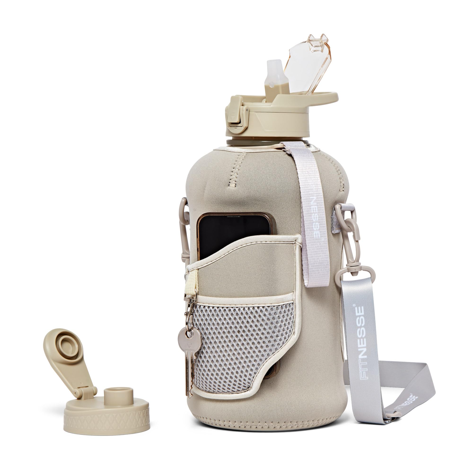Fitnesse 2.2L Water Bottle with Straw and Covered Lid, Phone & Key Storage, Drop proof, Leak Proof, Shoulder Strap and Handle