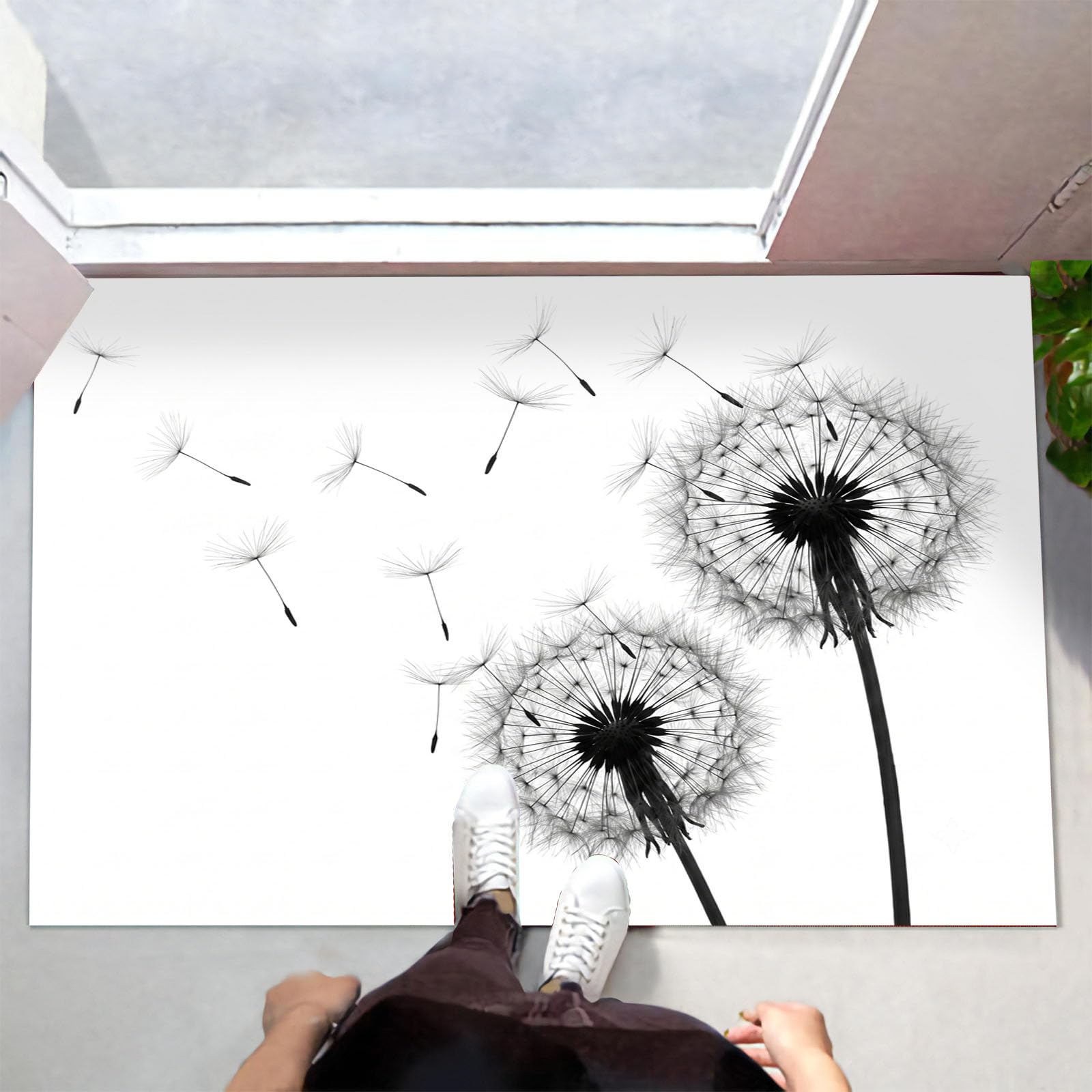 Felpudo Ultrafino Para Interiores, 80X120Cm, Silueta Sencilla De Diente De León Alfombra Antideslizante Lavable Para Entrada, Plantas Pintadas A Mano Felpudo De Perfil Bajo, Atrapa Suciedad, Blanco