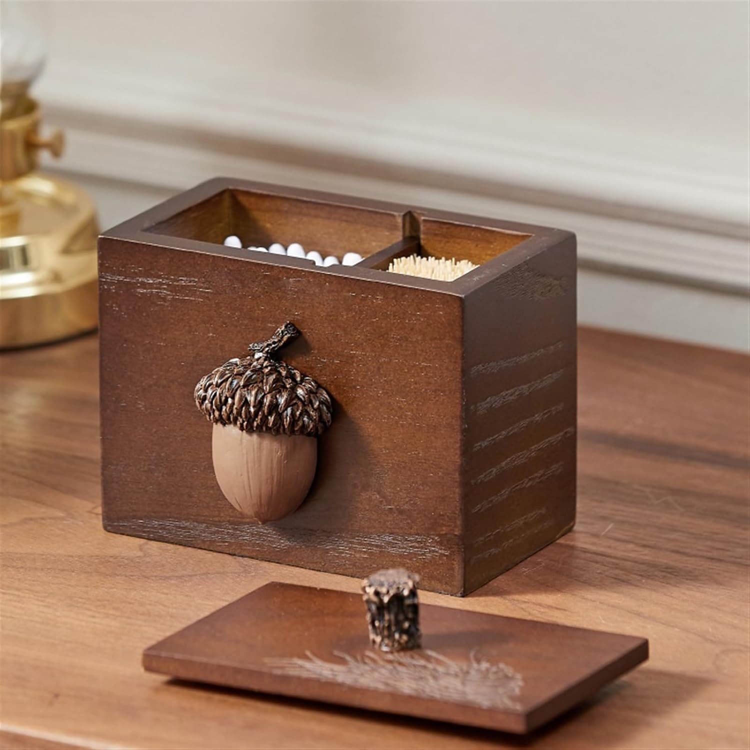 Creative Retro Wooden Toothpick Box with Cover and Compartment Storage Cotton Swab Box Toothpick Holder Toothpick Dispensers