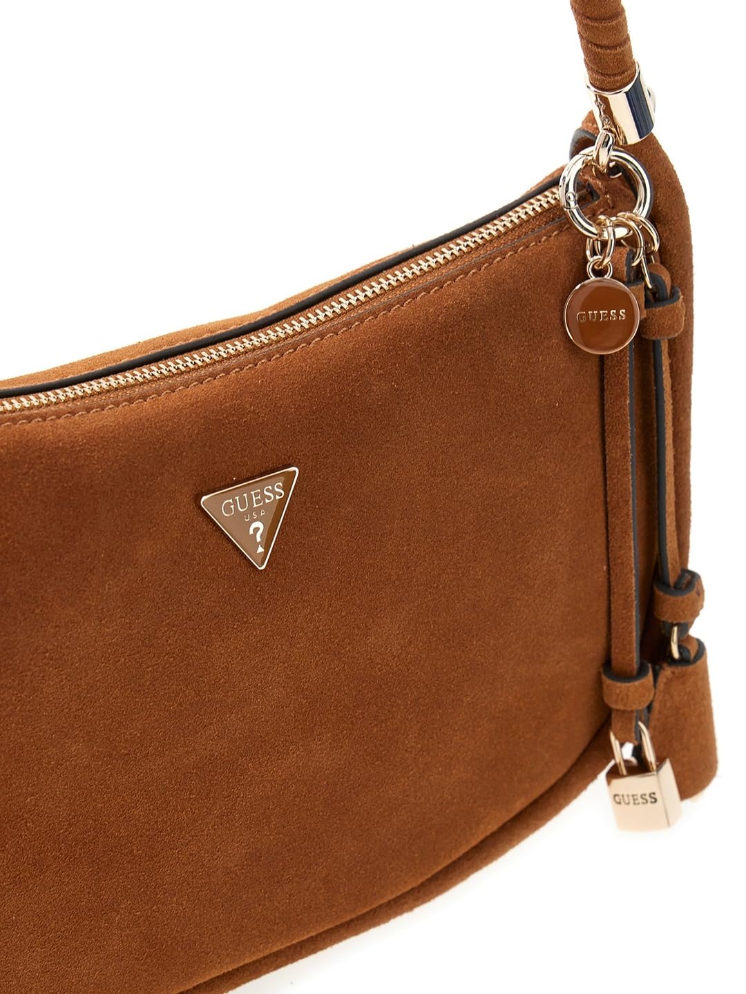 GUESS Brązowa zamszowa torebka hobo z plecionym uchwytem, styl casual z ozdobnym urokiem