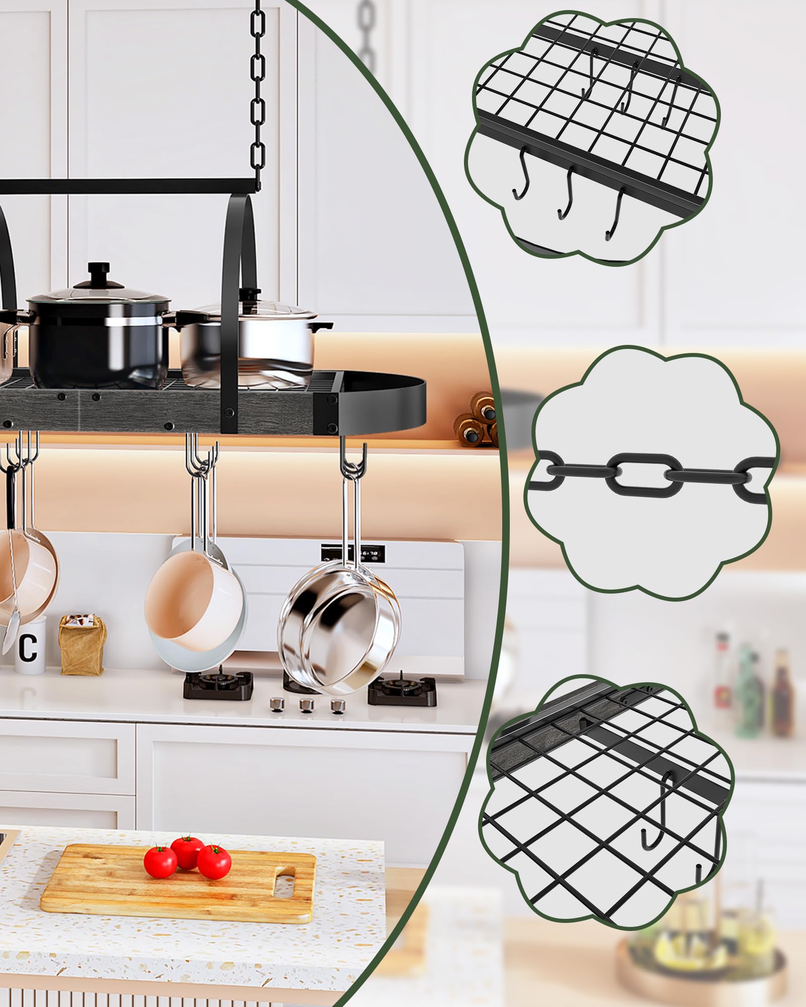 CHOEZON Küchenregal Hängend 60x40cm - Metall Topfregal Mit 12 Haken Für Decke