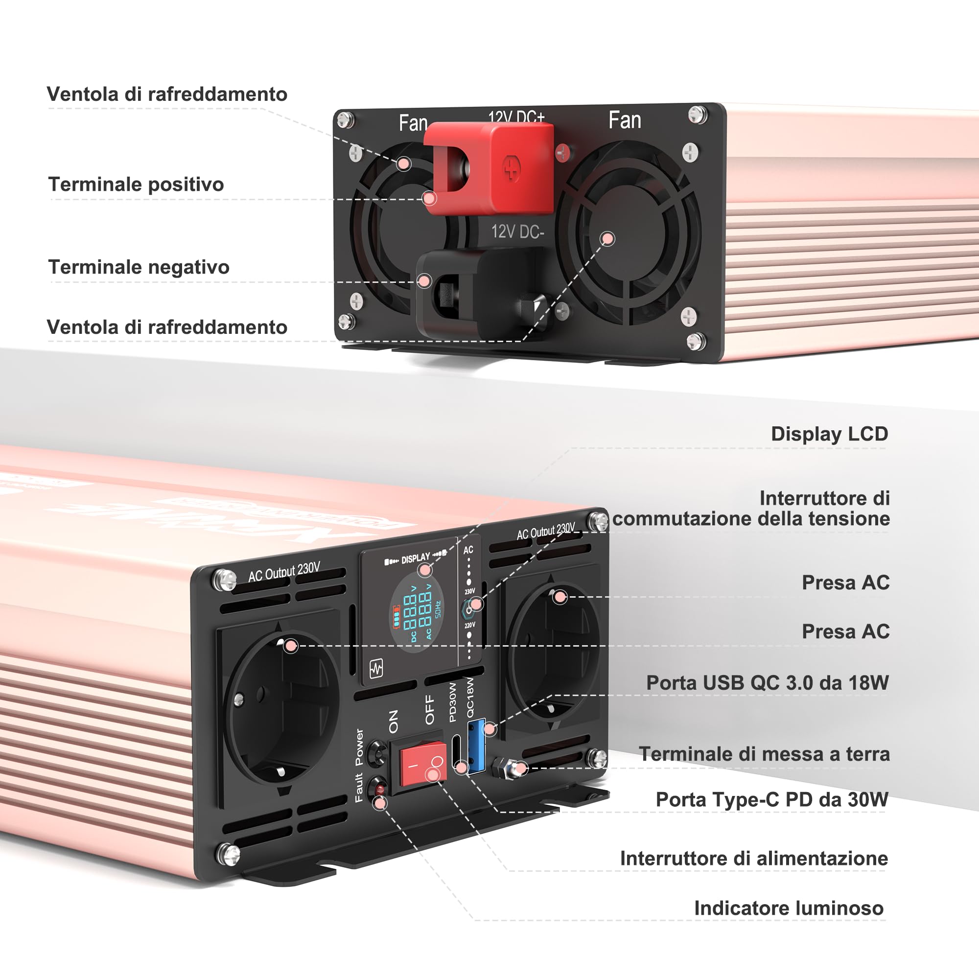 XWJNE Inverter 12V 220V/230V Onda Sinusoidale Pura 3000W, Convertitore di Tensione con 2 Prese CA, 1 Porte USB-A e 1 Porte USB-C, Display LCD, Telecomando 5M, per Camper, Camion, Casa e Emergenza