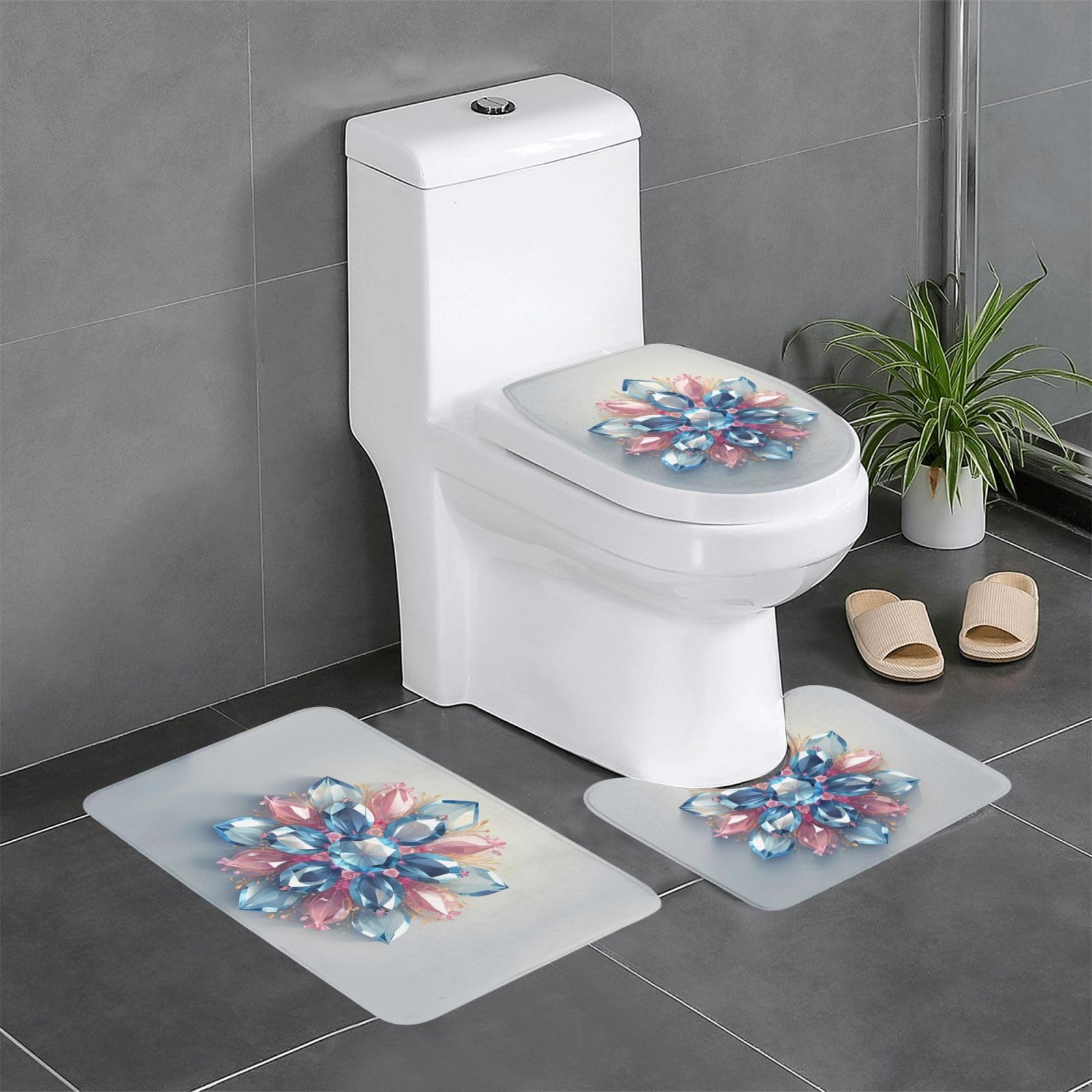 Tapis de salle de bain antidérapants floral lot de 3 pièces formats ovale et rectangulaire