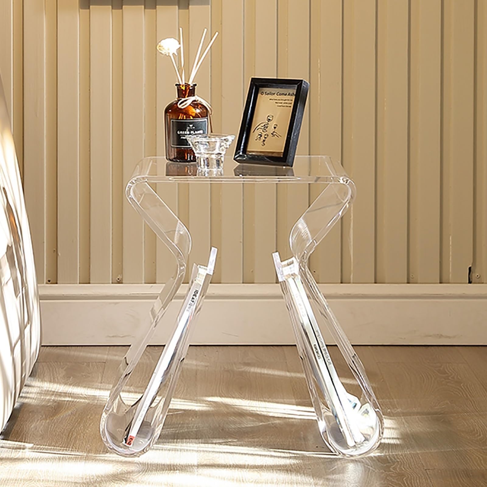 SXZenSpace Acrylic Side Table with Storage Slots Multi-Functional Nightstand & Coffee for Living Room Bathroom Solid Construction(Clear)