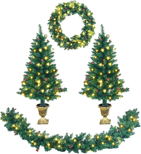 Miniatura 10 de HAPPYGRILL Árbol de Navidad artificial preiluminado de 6 pies, árbol de Navidad con bisagras con 383 puntas de ramas flocadas de nieve, 300 luces