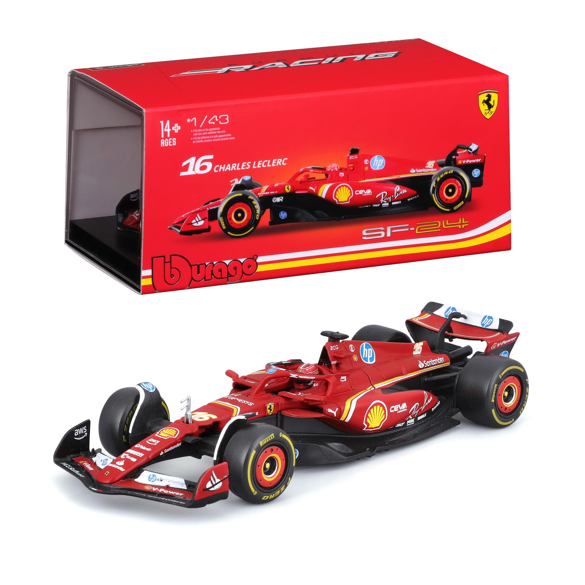 Bburago - Ferrari SF-24 Fórmula 1 GP Monza 2024#16 Leclerc, Modelo de Coche diecast a Escala 1:43 con Casco y Vitrina, réplica Oficial Ferrari, Edad Recomendada 14+ años