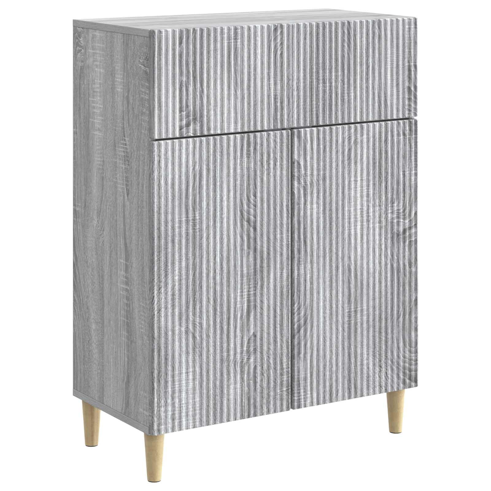 Bufet Sonoma szary 66 x 34,5 x 90 cm z drewna inżynieryjnego, meble vintage z półkami, drzwiami i szufladami do salonu lub jadalni, elegancki design i wygodne przechowywanie.