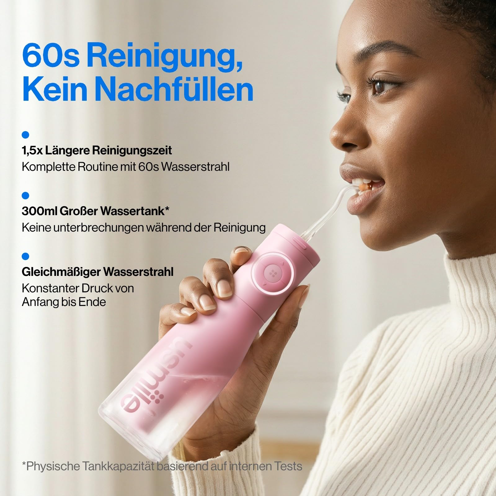 usmile C30 Munddusche Kabellos, 300 ml, 5 Druckstufen, Rosa | S-Düsen für Zahnspangen & Invisalign, USB-C wiederaufladbar, IPX7 wasserdicht, ideal für Reisen und Zuhause